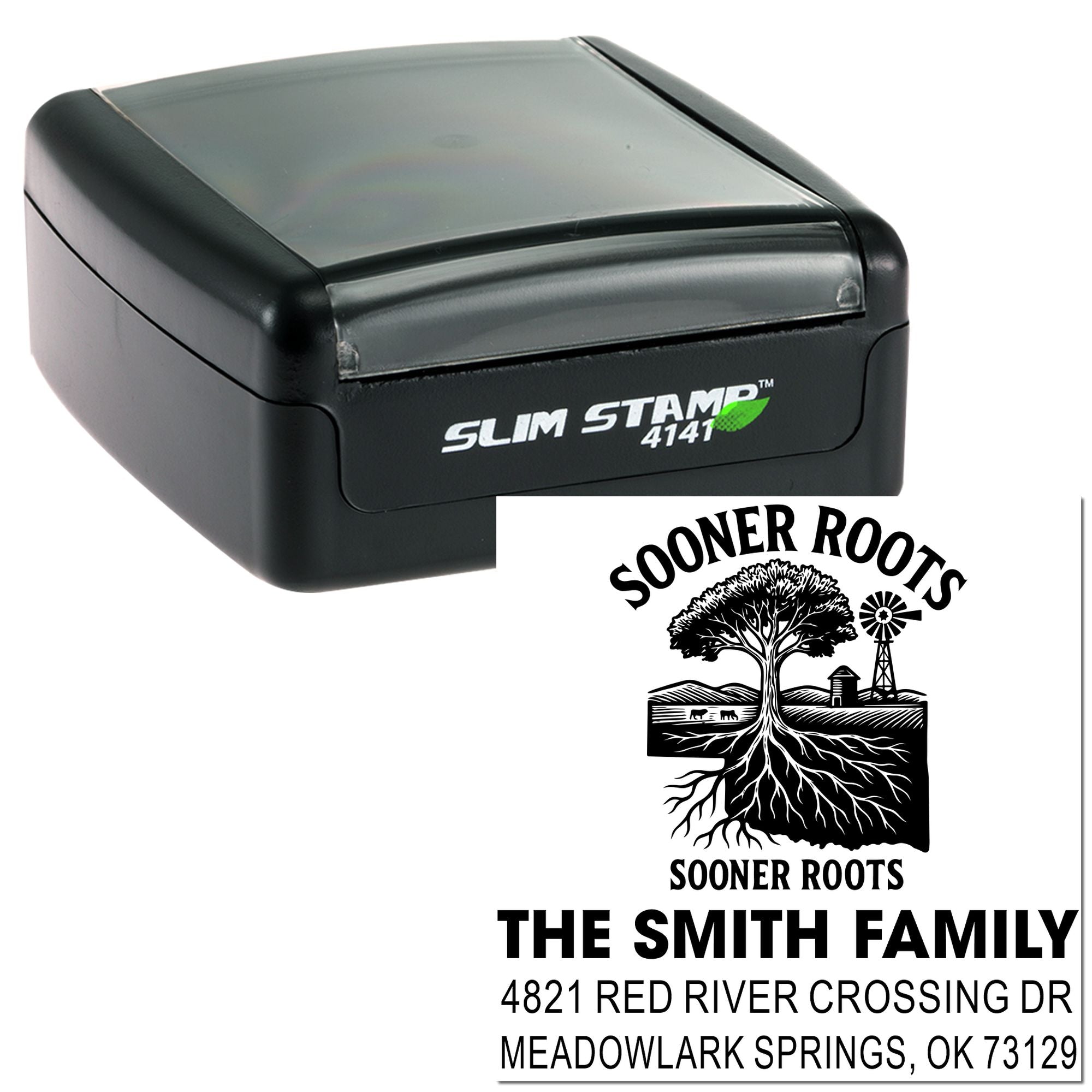 Custom self-inking Slim Stamp 4141 rubber stamp with Sooner Roots family address design for The Smith Family.