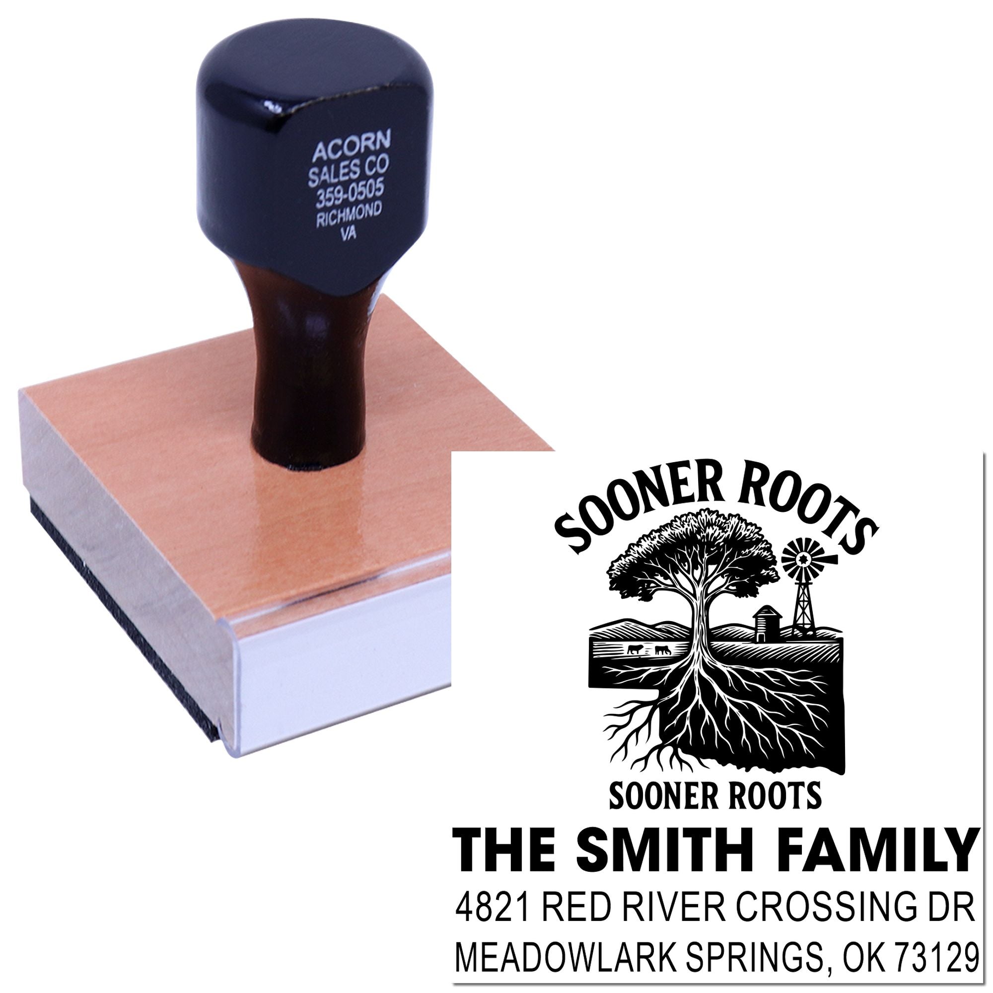 Custom rubber address stamp with Sooner Roots logo, The Smith Family name, and Oklahoma return address.