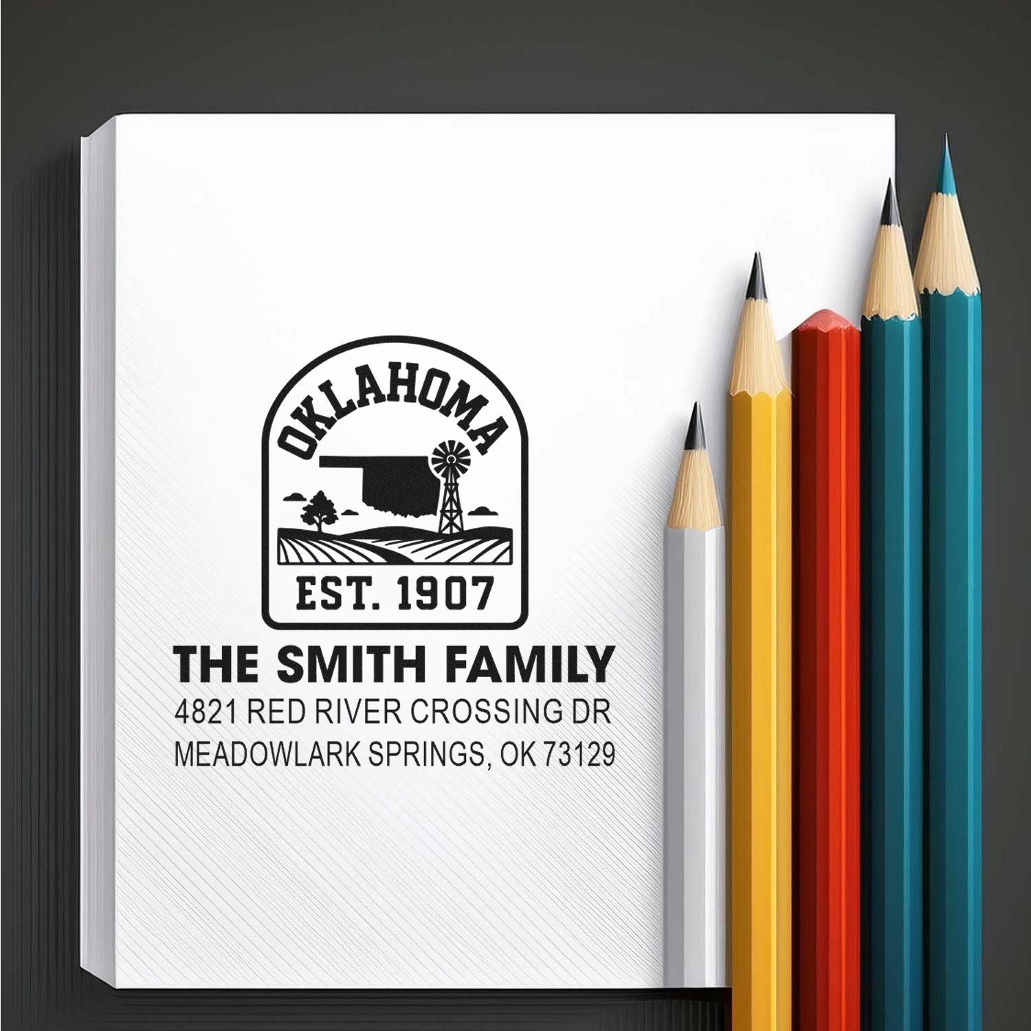 Custom Oklahoma address rubber stamp for The Smith Family, featuring a personalized return address and state-themed design.
