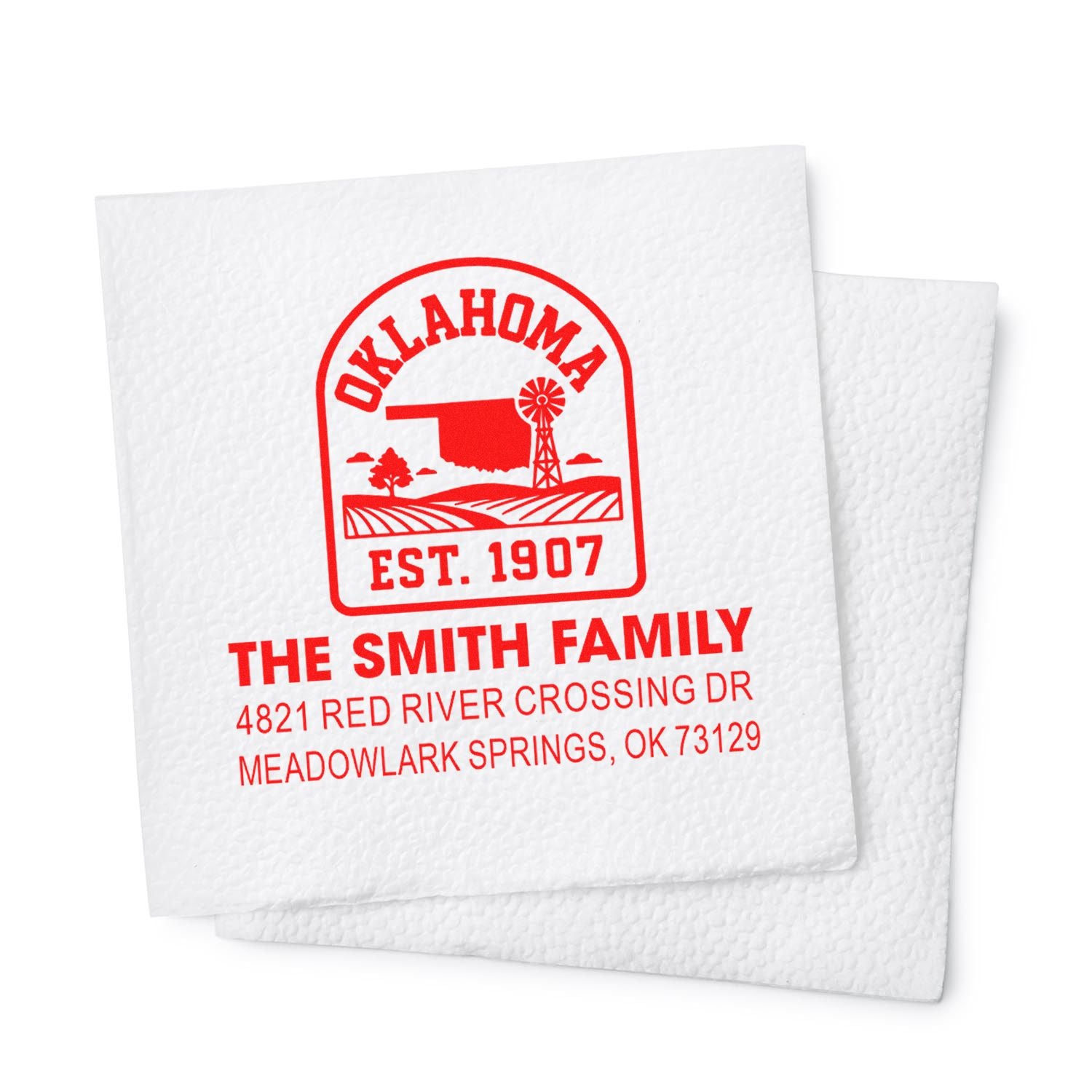 Custom red Oklahoma family address rubber stamp with established date and return address for The Smith Family.