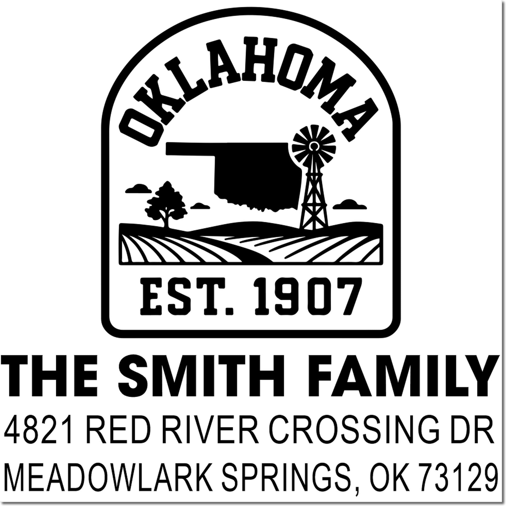 Custom Oklahoma return address rubber stamp for The Smith Family, with state silhouette and windmill design.
