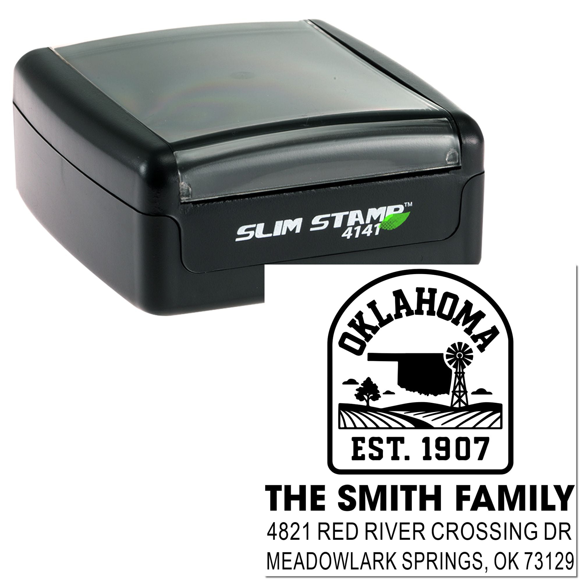 Custom self-inking Slim Stamp 4141 rubber stamp with Oklahoma return address design for The Smith Family.