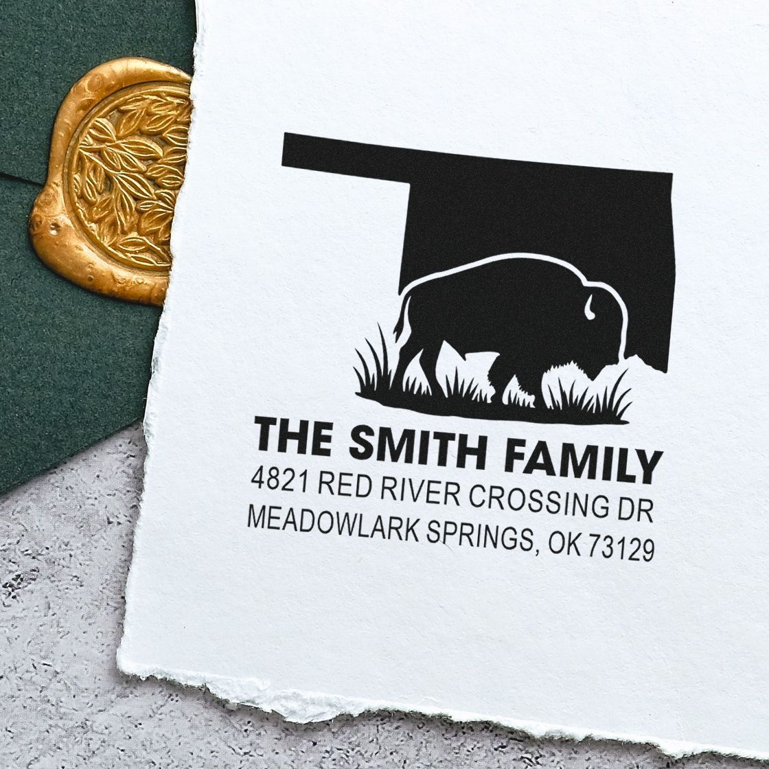 Personalized family return address rubber stamp with bison logo and custom mailing address for envelopes.