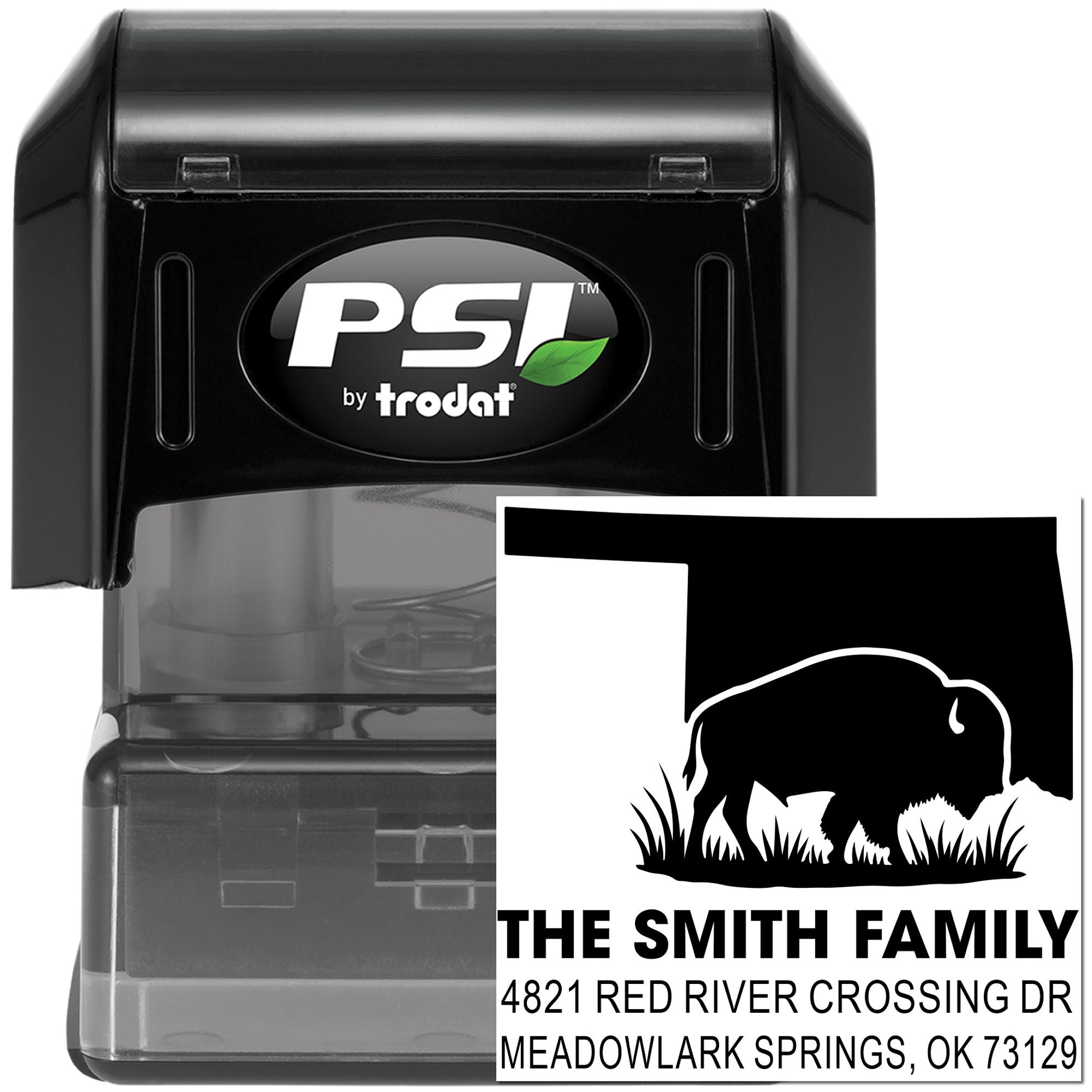 PSI by Trodat self-inking custom return address rubber stamp with buffalo design for The Smith Family.