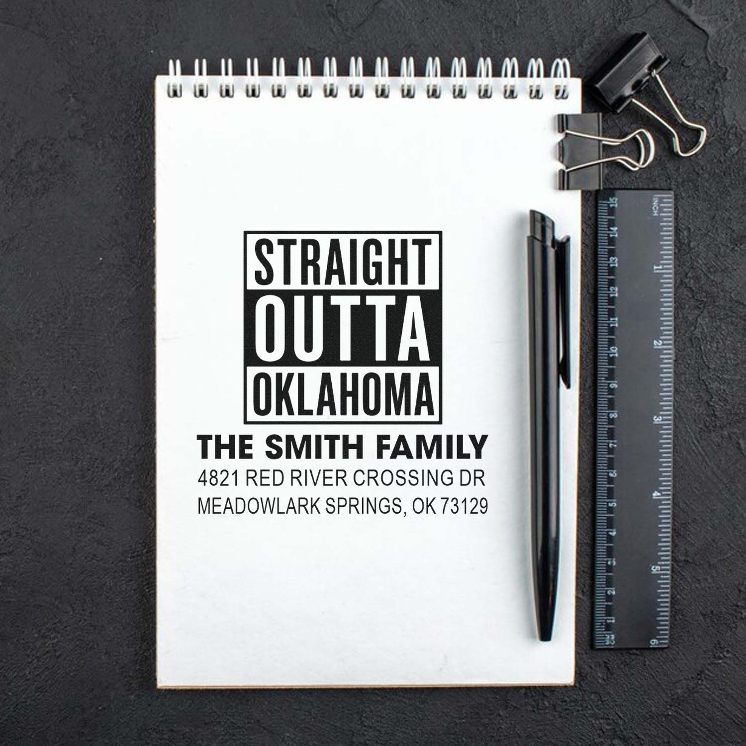 Custom Straight Outta Oklahoma return address rubber stamp for The Smith Family