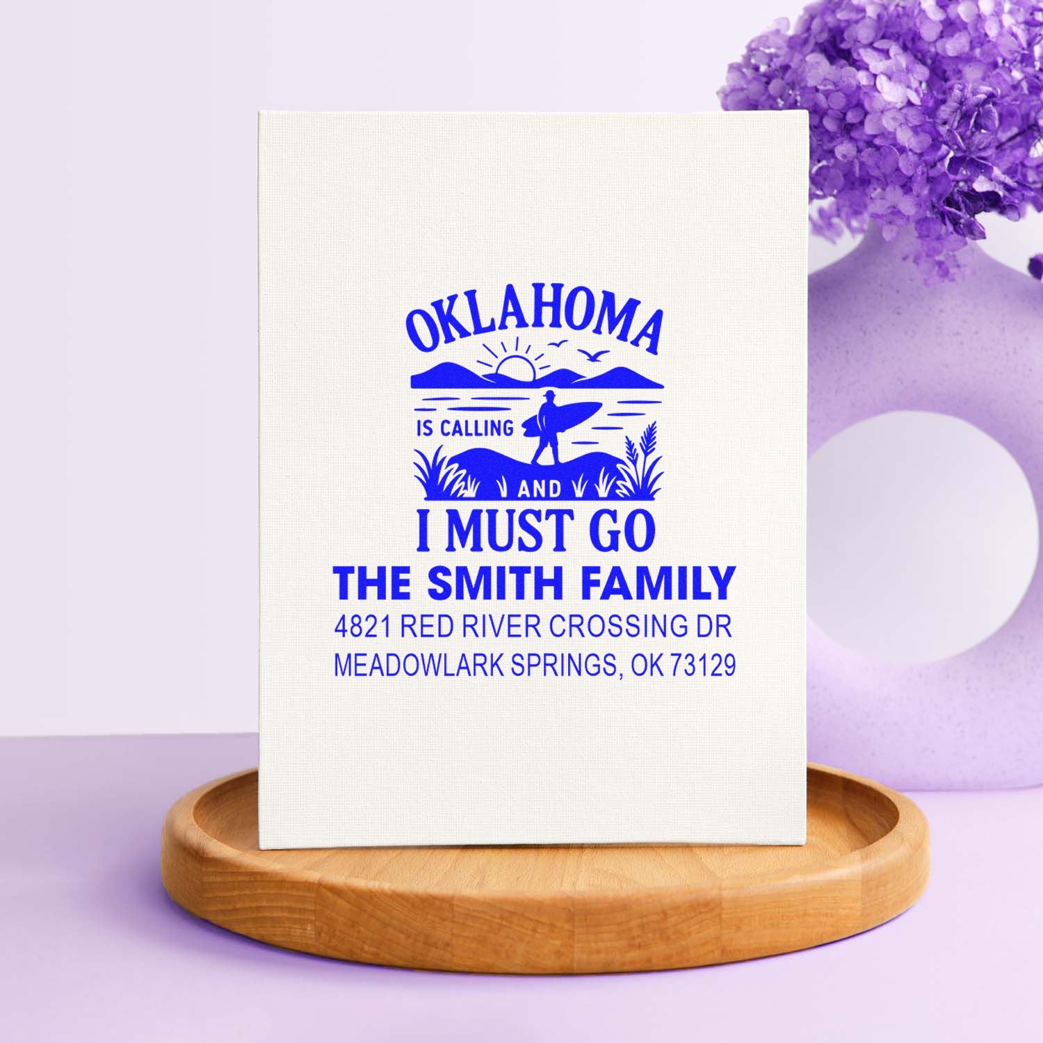 Personalized Oklahoma travel rubber stamp for The Smith Family with return address and Oklahoma Is Calling design