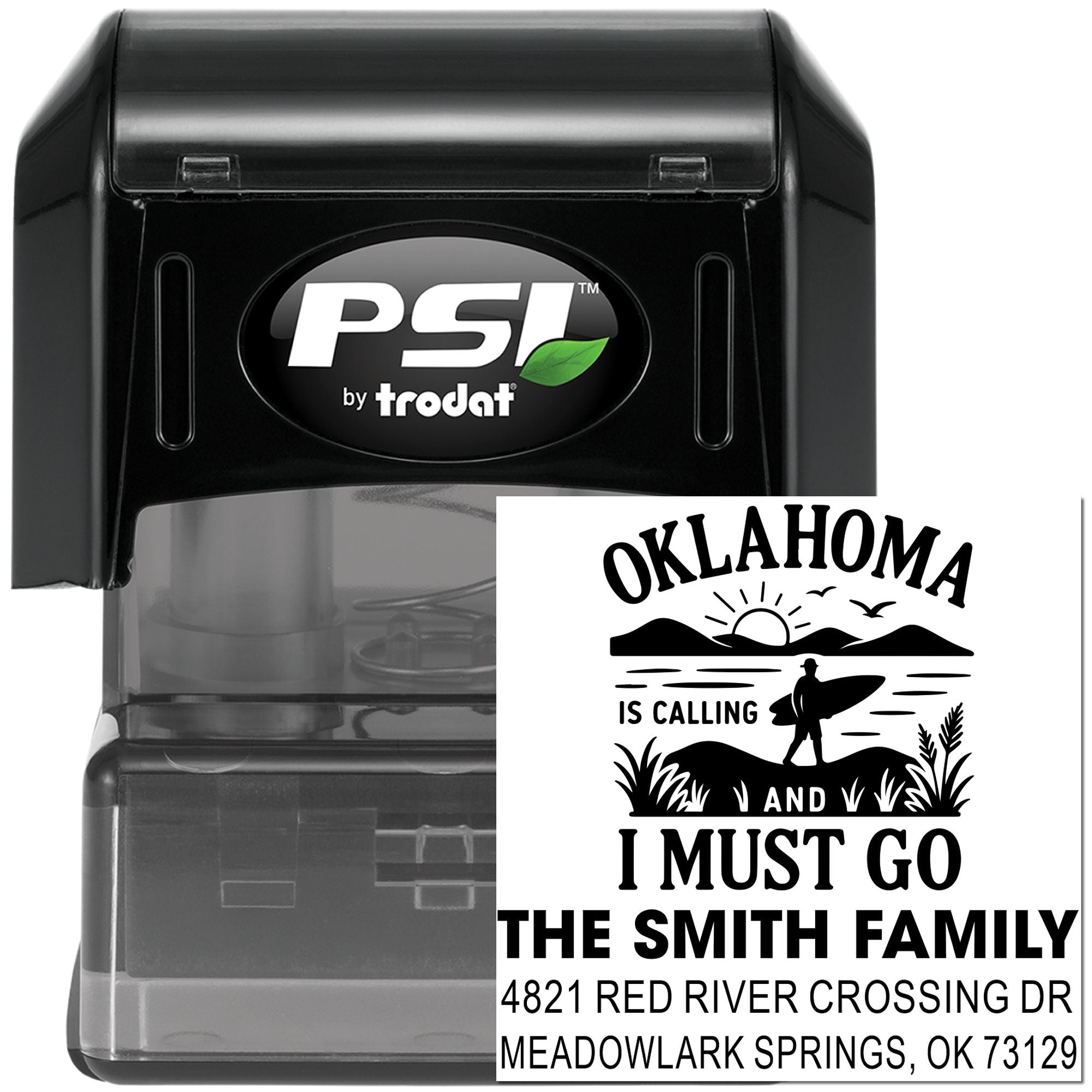 Custom self-inking rubber stamp with Oklahoma-themed address design for The Smith Family, Meadowlark Springs, OK.