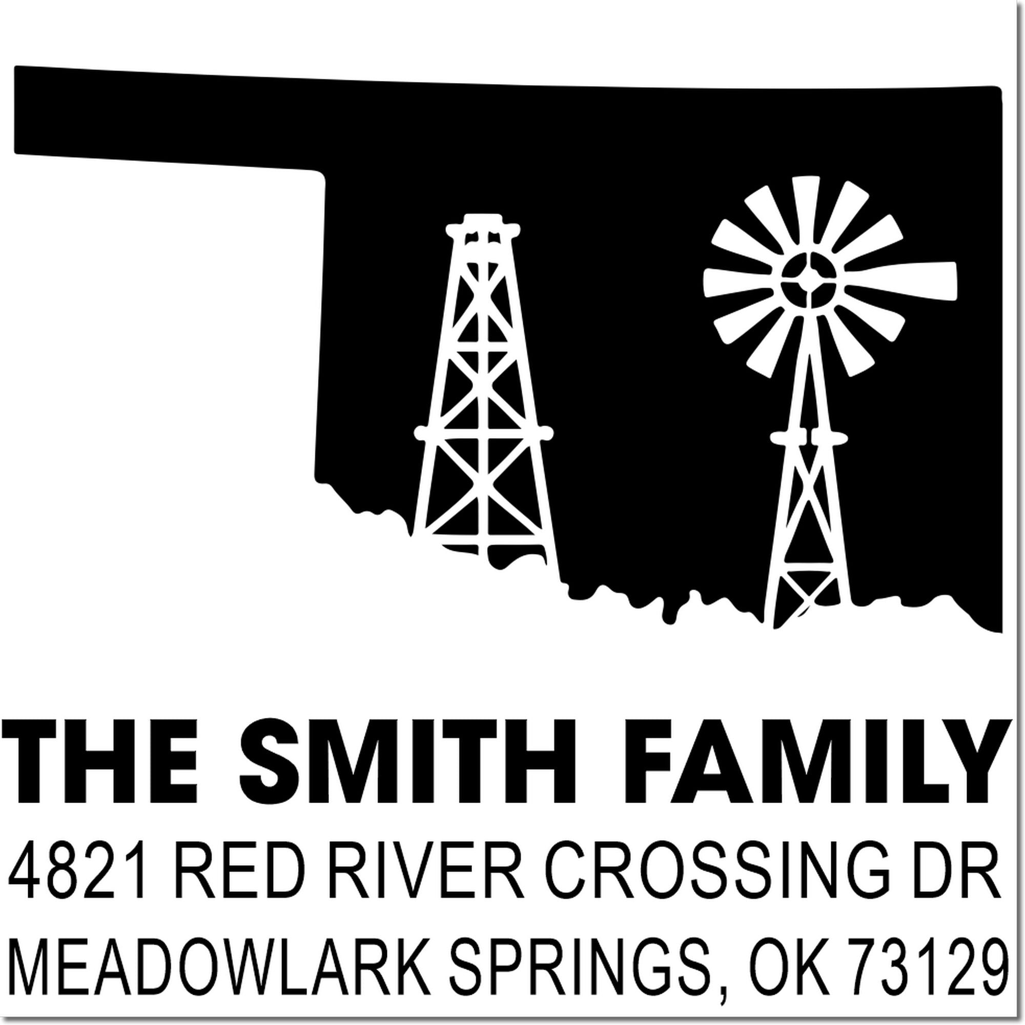 Custom Oklahoma oilfield return address rubber stamp for The Smith Family, 4821 Red River Crossing Dr, Meadowlark Springs, OK 73129