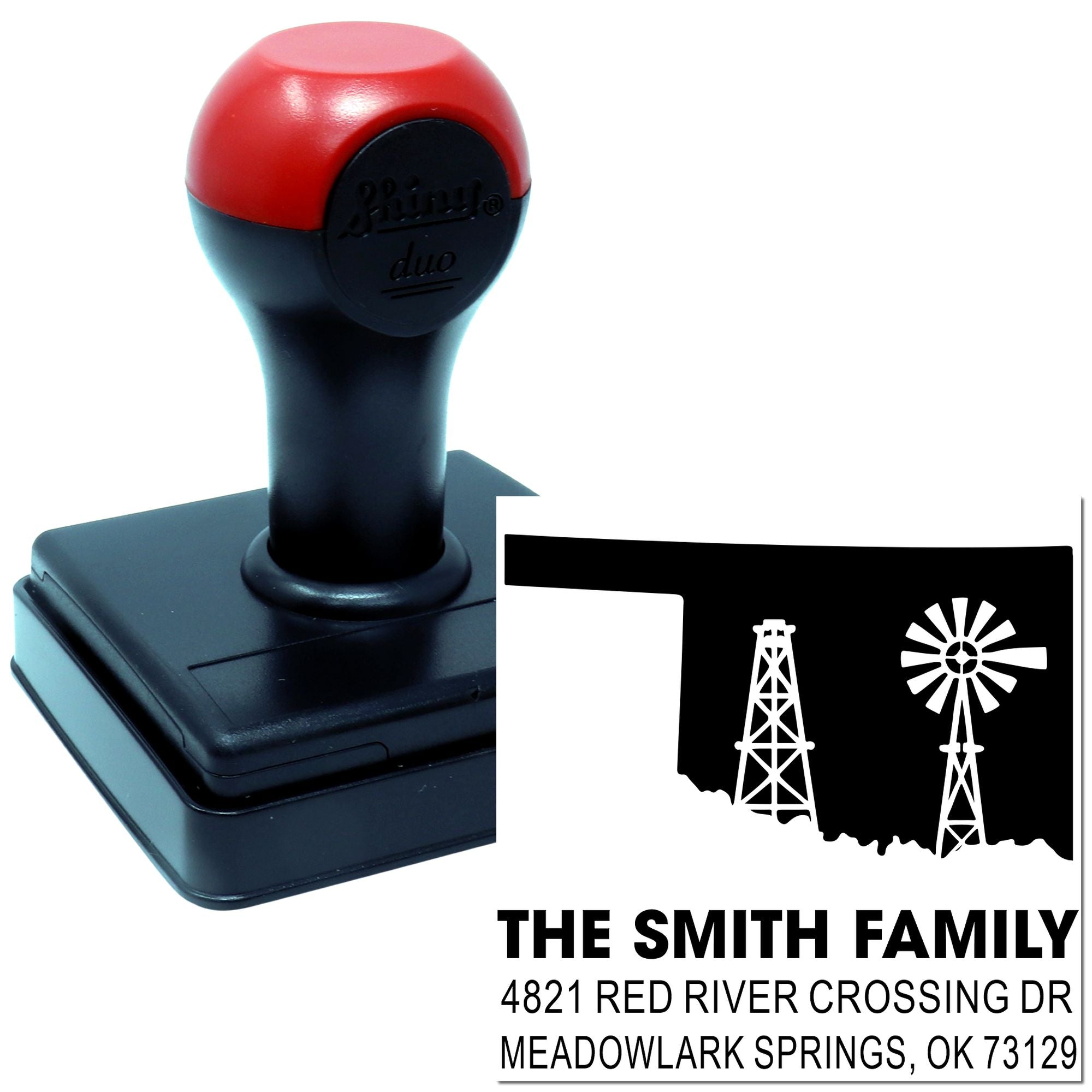 Custom self-inking rubber address stamp with oil derrick and windmill design for The Smith Family, Meadowlark Springs, OK
