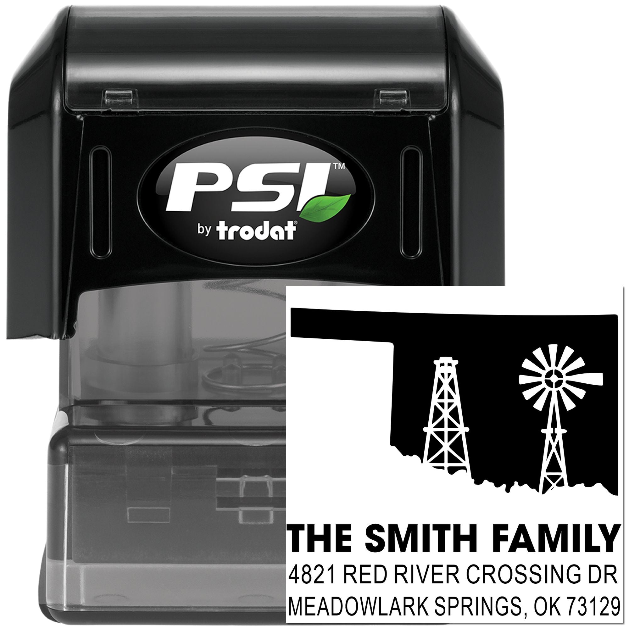 Custom self-inking address rubber stamp with oil derrick and windmill, featuring The Smith Family return address.