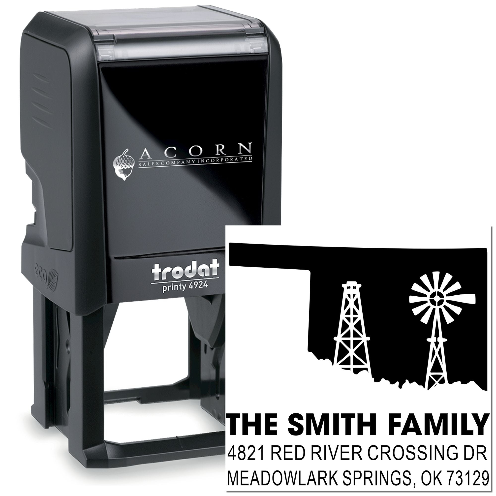 Trodat Printy 4924 custom self-inking rubber address stamp with oilfield design for personalized family mail