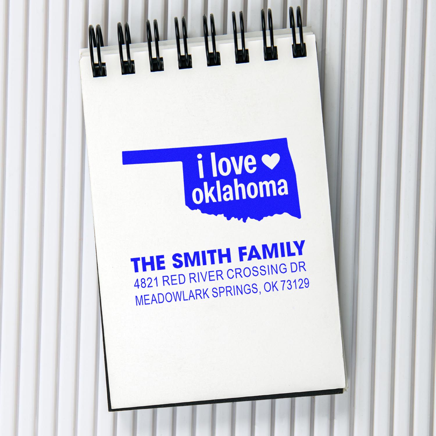 Custom Oklahoma address rubber stamp sample with family name and I love Oklahoma design for personalized mailing.