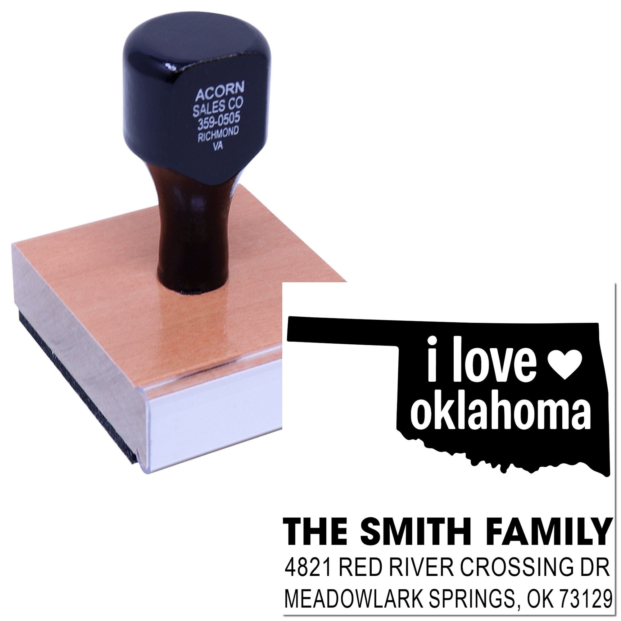 Custom address rubber stamp with i love Oklahoma state design and family return address.