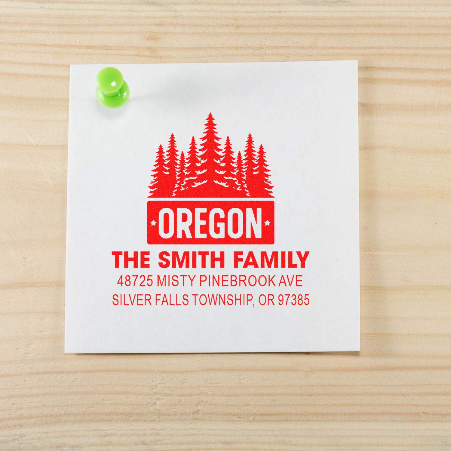 Custom Oregon family return address rubber stamp with pine tree design and personalized home address