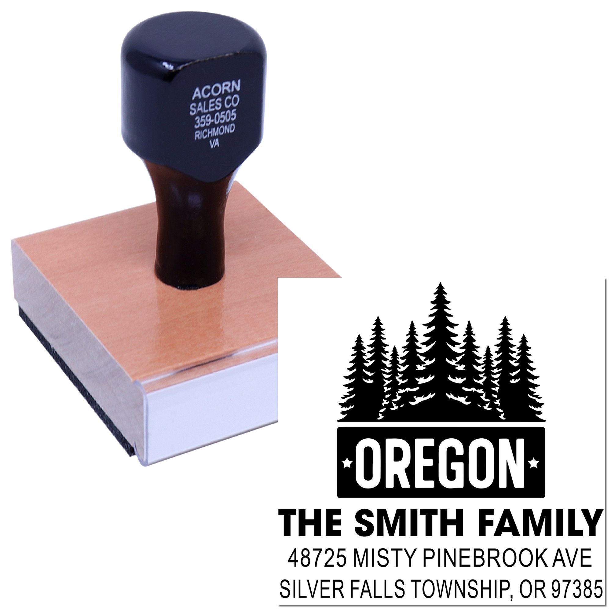 Custom Oregon family return address rubber stamp with pine tree logo for envelopes and mailings.