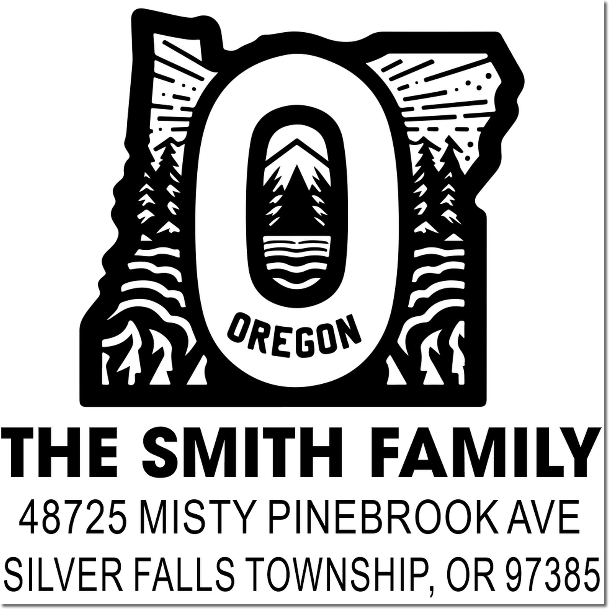 Custom Oregon family address rubber stamp with mountain and pine design for The Smith Family, 48725 Misty Pinebrook Ave.