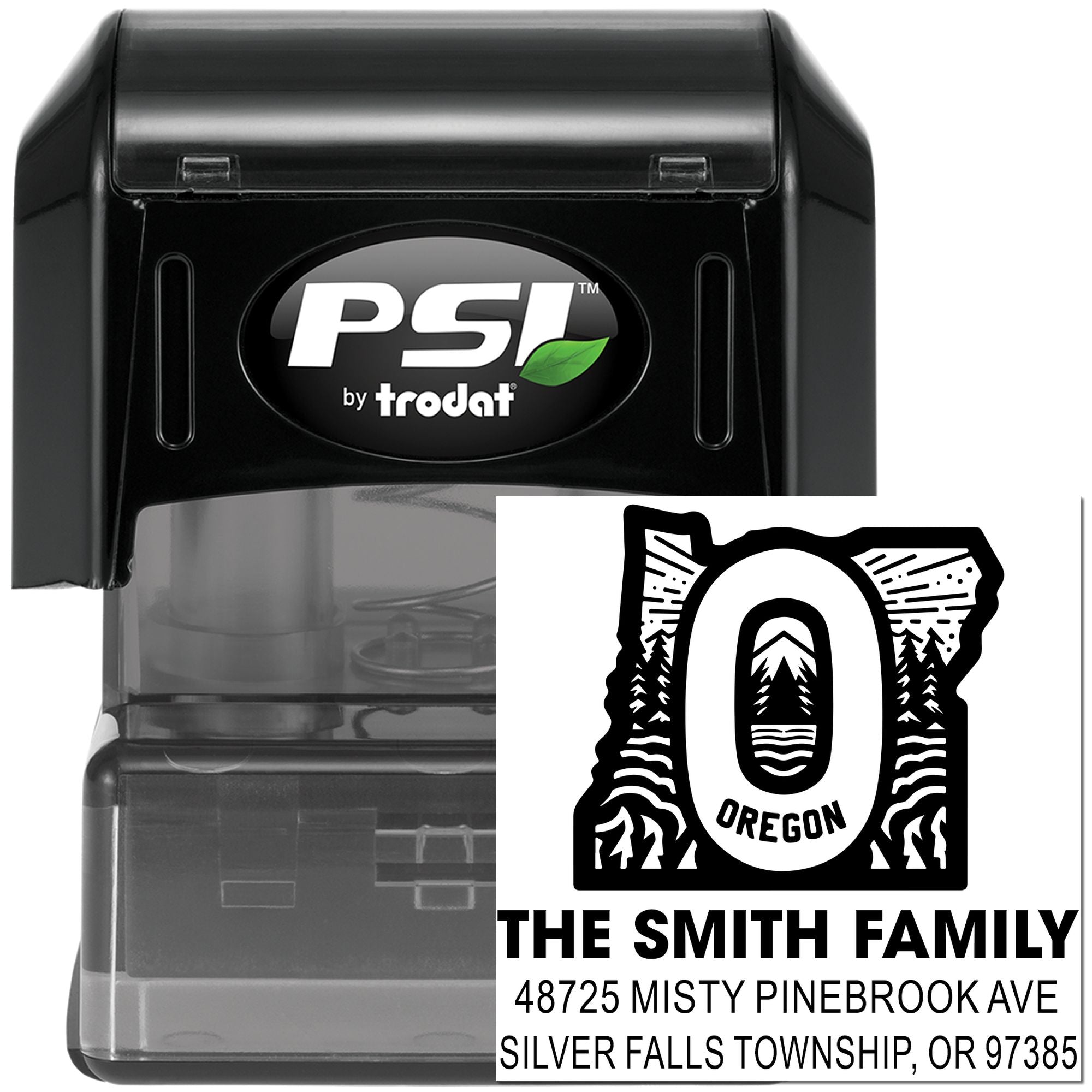Custom PSI by Trodat self-inking rubber address stamp with Oregon family return address design for mailing and personalization.