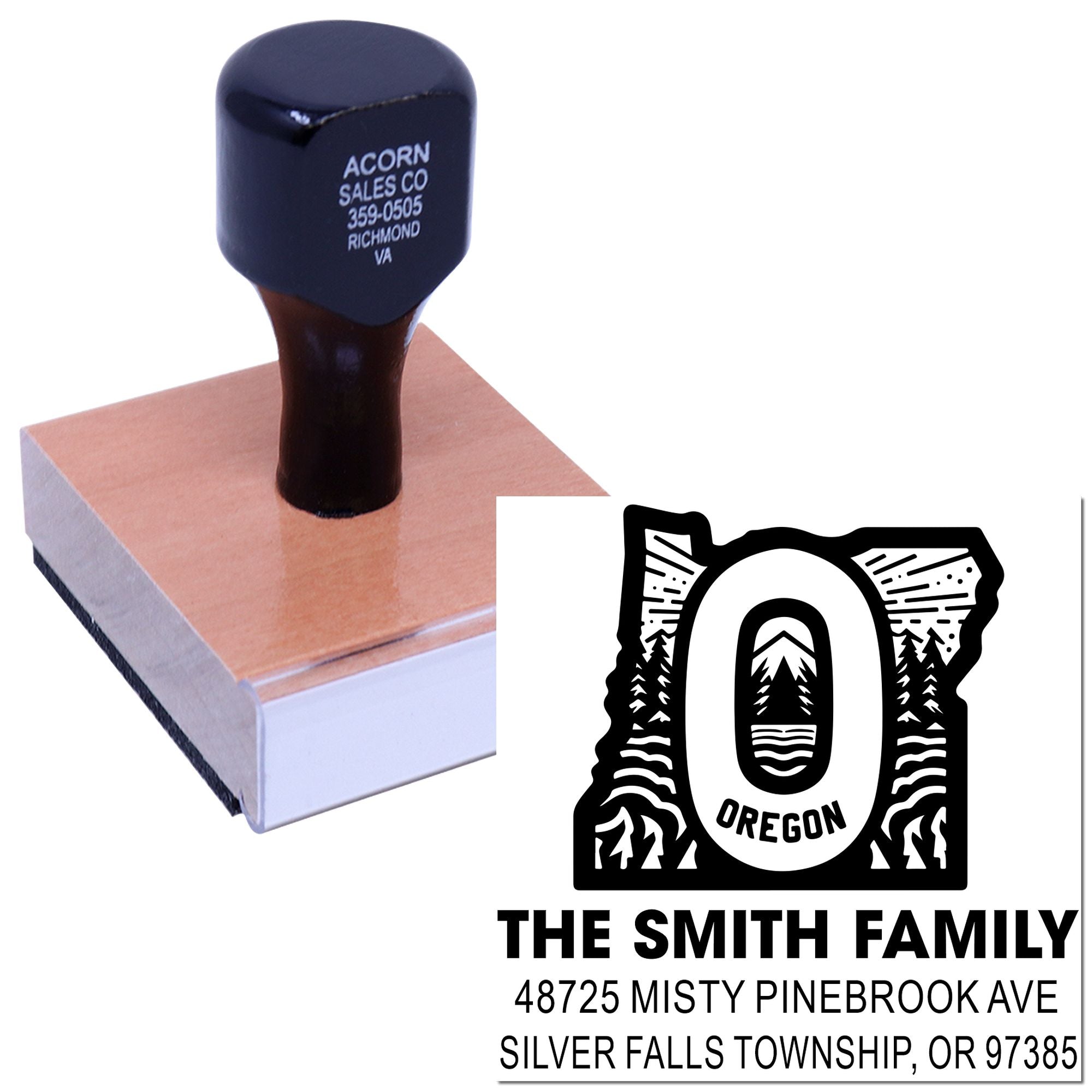 Custom return address rubber stamp with Oregon family logo, ideal for personalized mailing and envelope addressing.