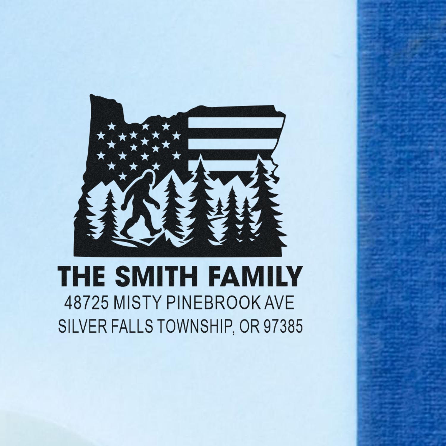 Personalized family return address rubber stamp with Oregon Bigfoot forest design for envelopes and mailing.