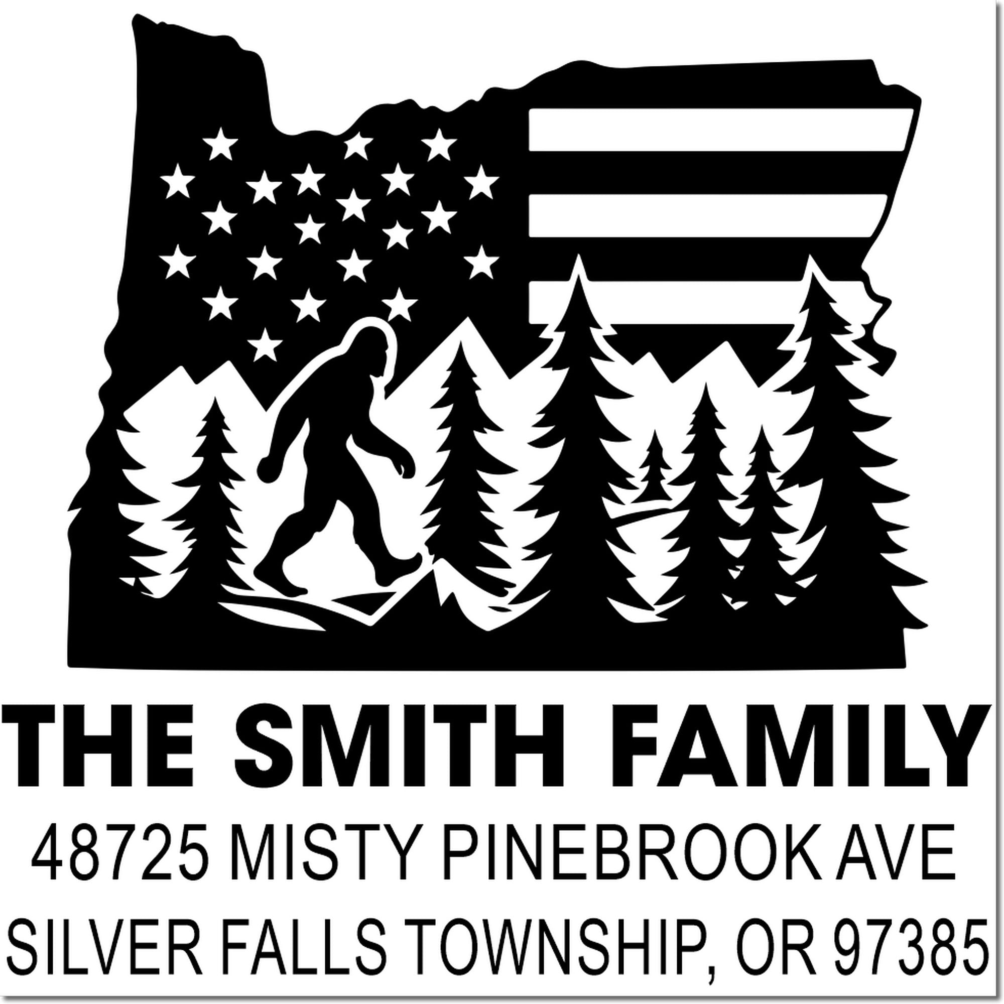 Custom Oregon return address rubber stamp with Bigfoot forest design for The Smith Family.