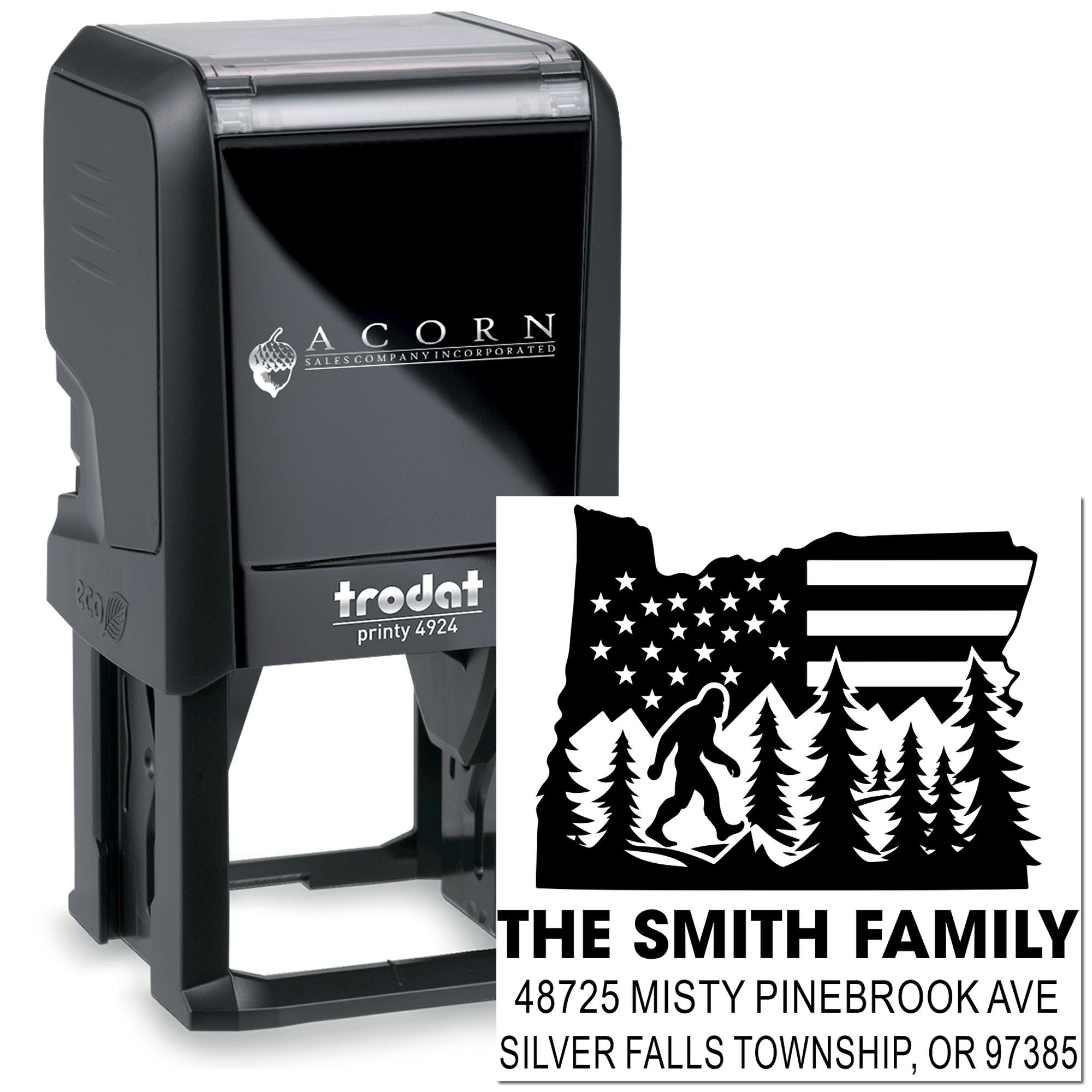 Custom self-inking rubber address stamp with personalized Oregon family design for mailing and return addresses.