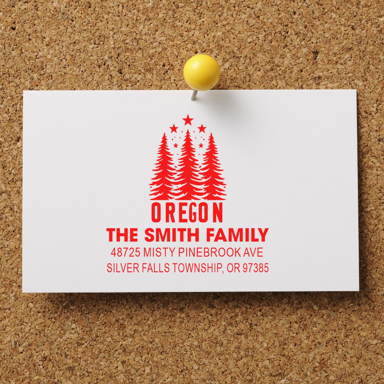 Custom Oregon family address rubber stamp with pine tree design for The Smith Family, Silver Falls Township, OR.