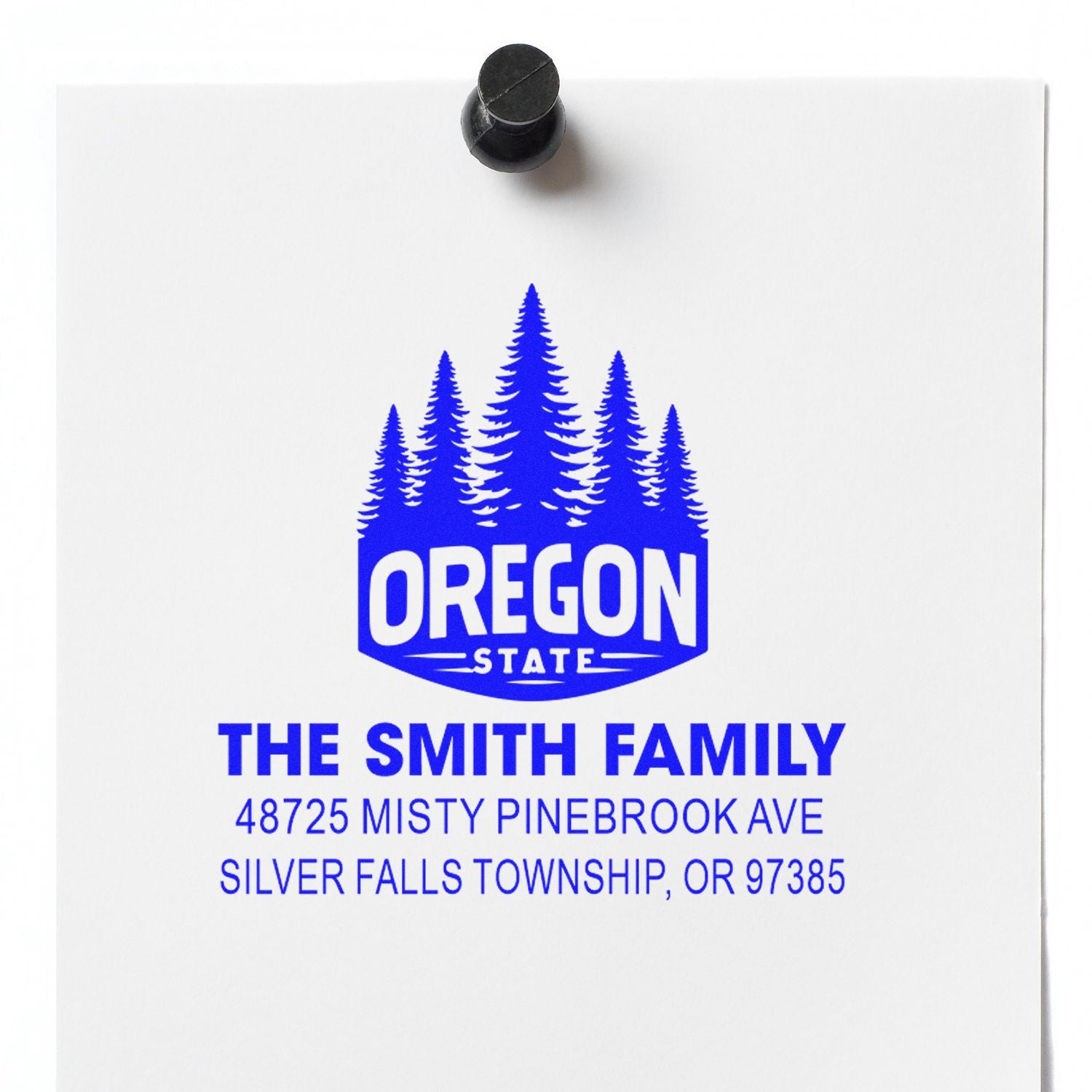 Custom Oregon State return address rubber stamp for The Smith Family, Silver Falls, OR.