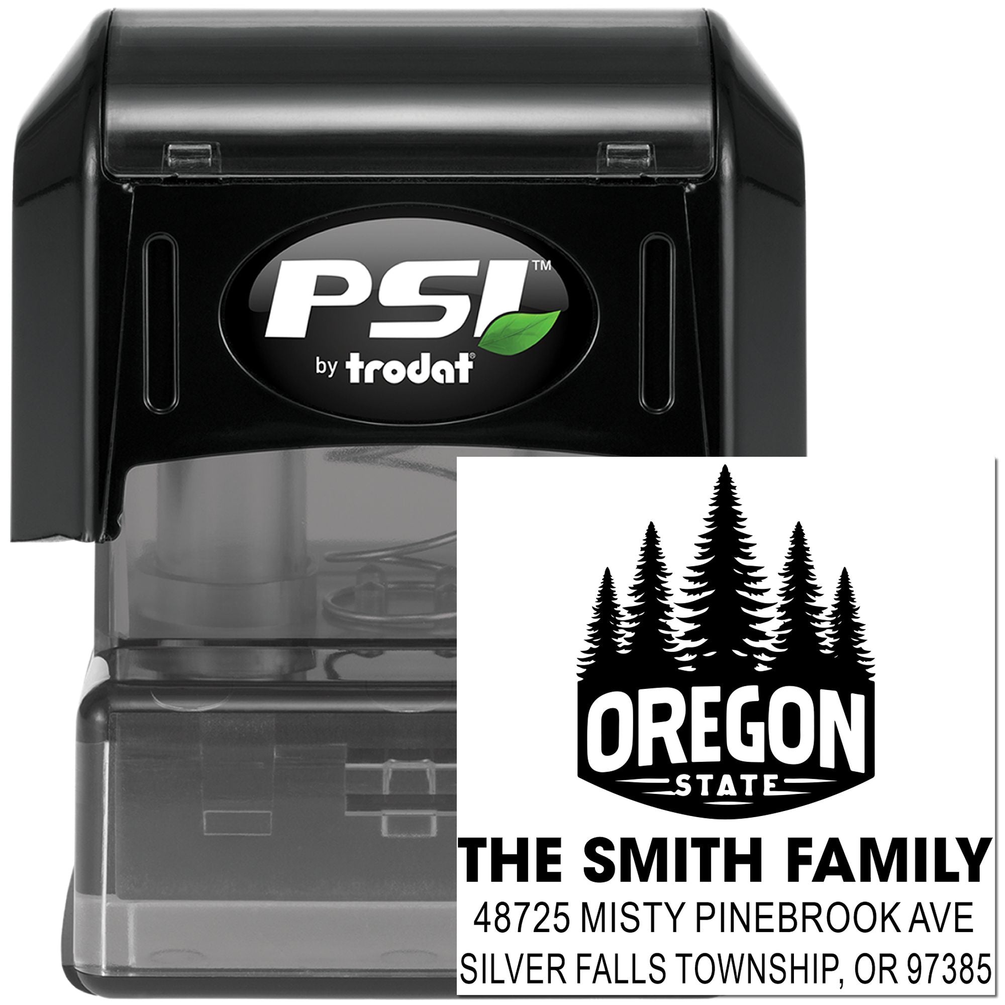 Custom self-inking rubber address stamp by PSI by Trodat with Oregon State pine design and Smith family return address.