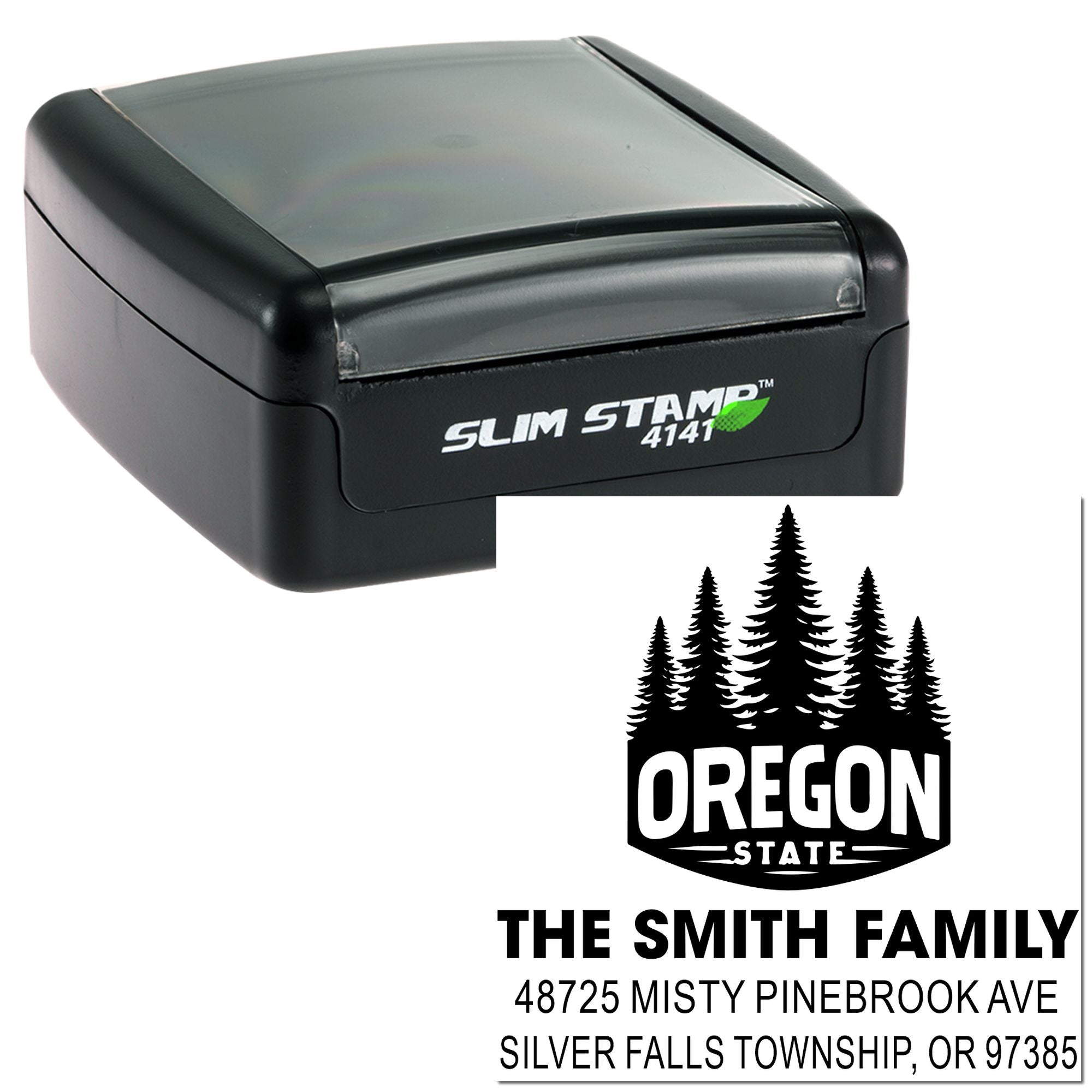 Custom self-inking rubber stamp with Oregon State pine tree address design for The Smith Family.