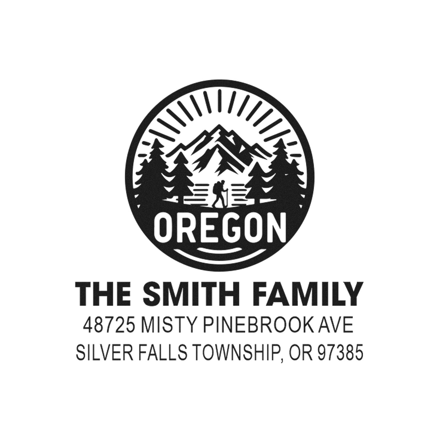 Custom Oregon return address rubber stamp with mountain logo, The Smith Family name, and Silver Falls Township address