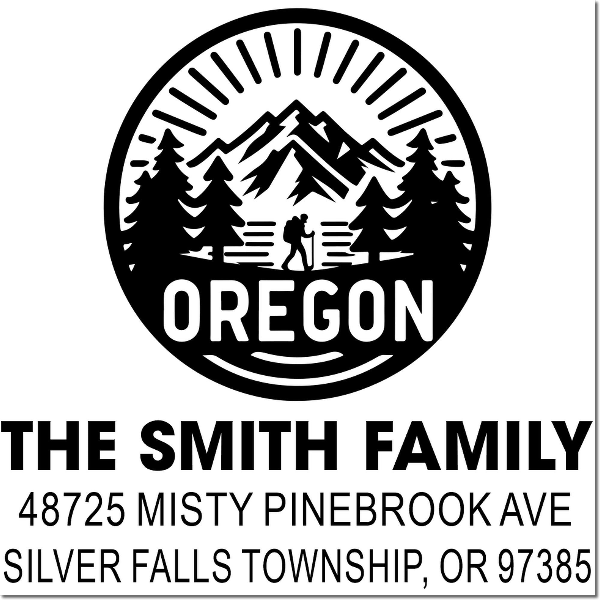 Custom Oregon return address rubber stamp with mountain hiking logo for The Smith Family in Silver Falls Township.