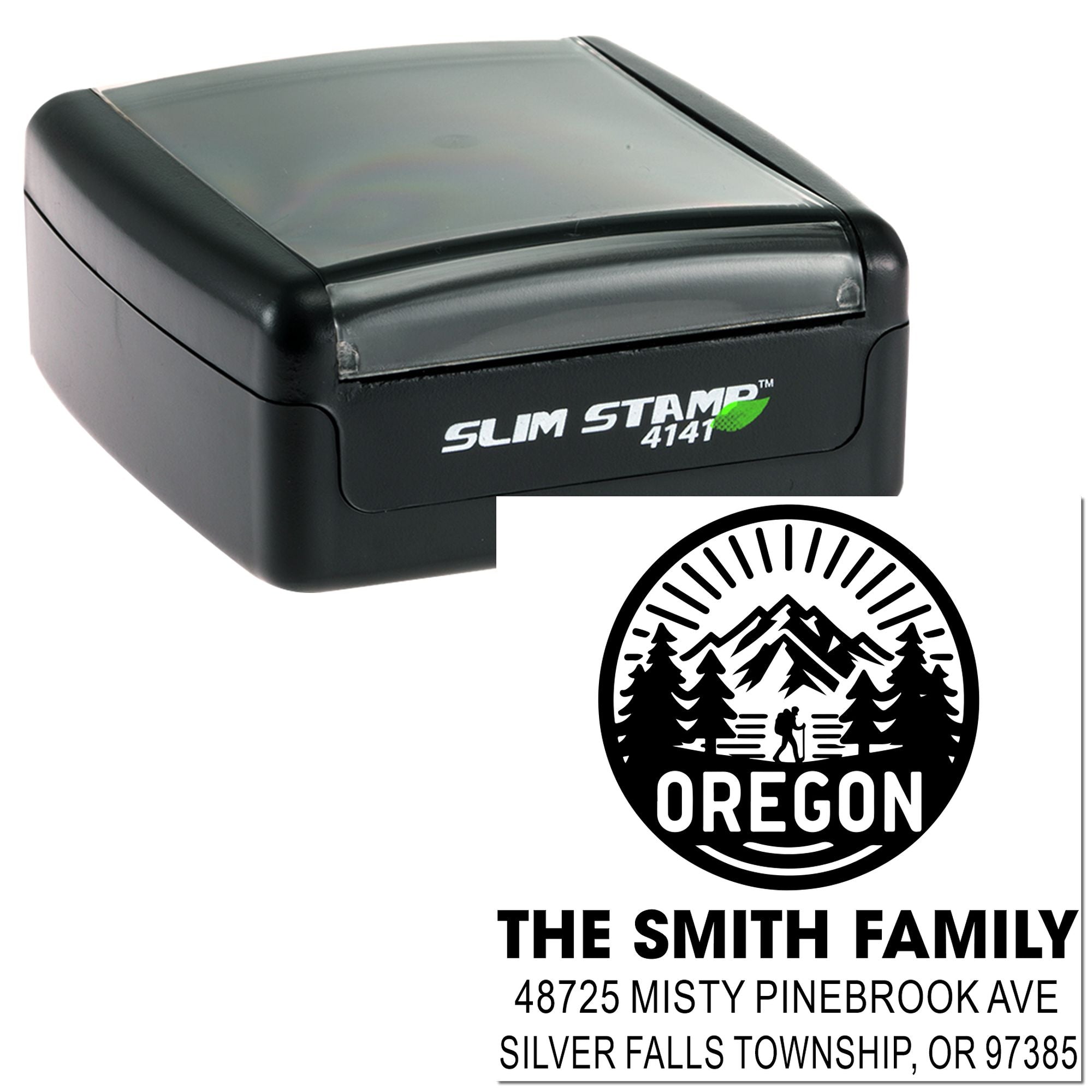 Custom Oregon return address rubber stamp with Slim Stamp 4141, family name, mountain logo, and mailing address design.