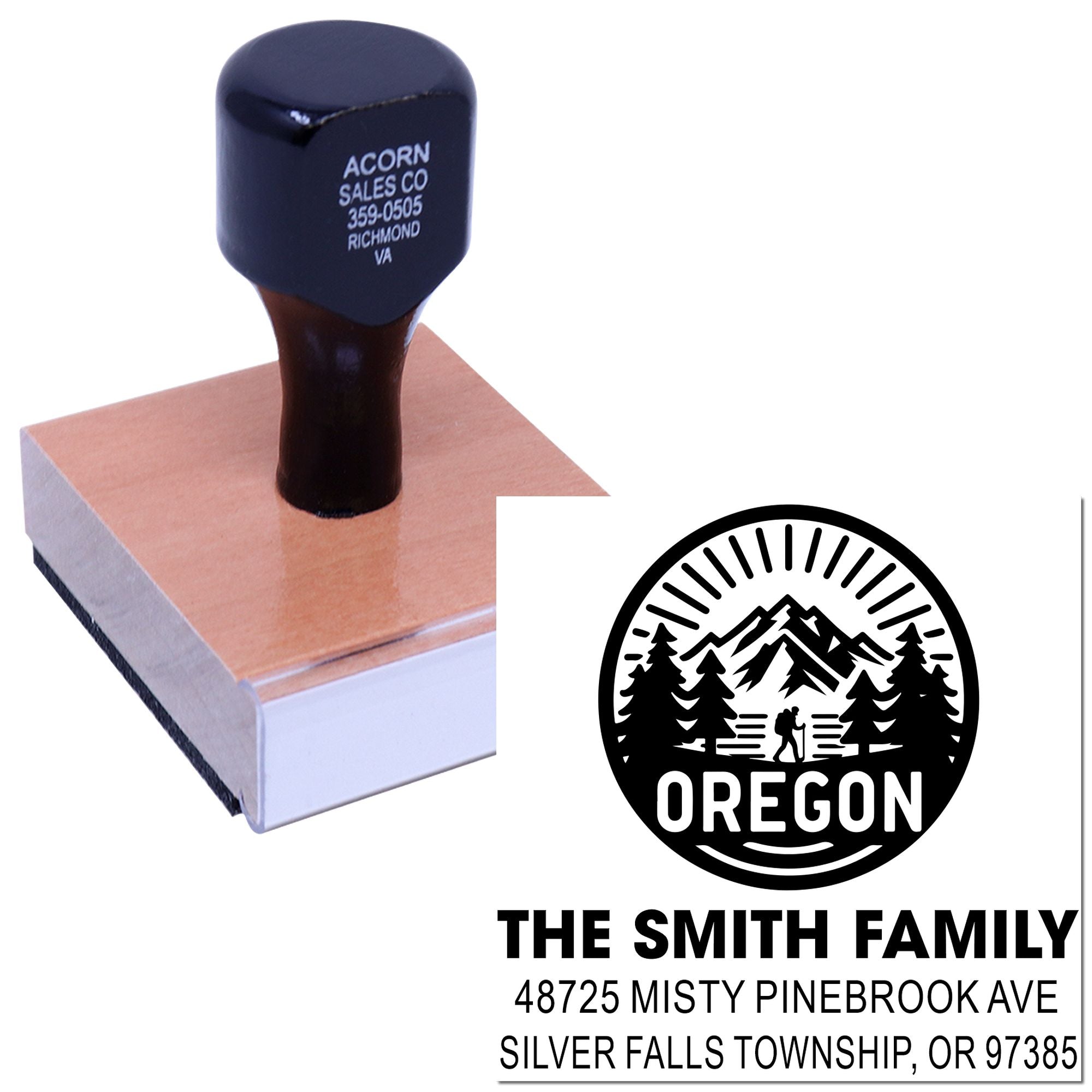 Custom rubber stamp with Oregon family return address design for personalized mail, branding, and home use.