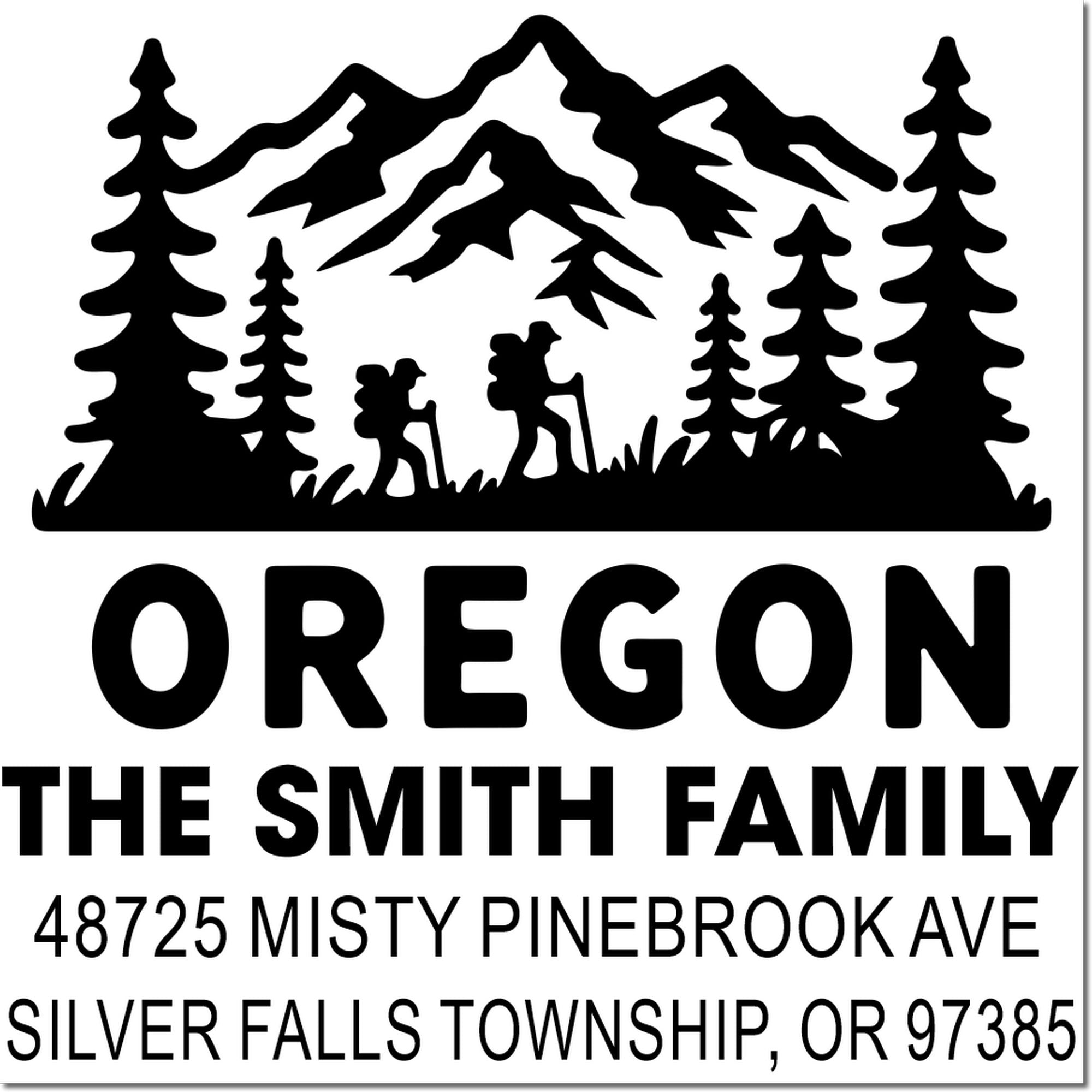 Custom Oregon return address rubber stamp with mountain and pine design for The Smith Family, Silver Falls Township, OR 97385.