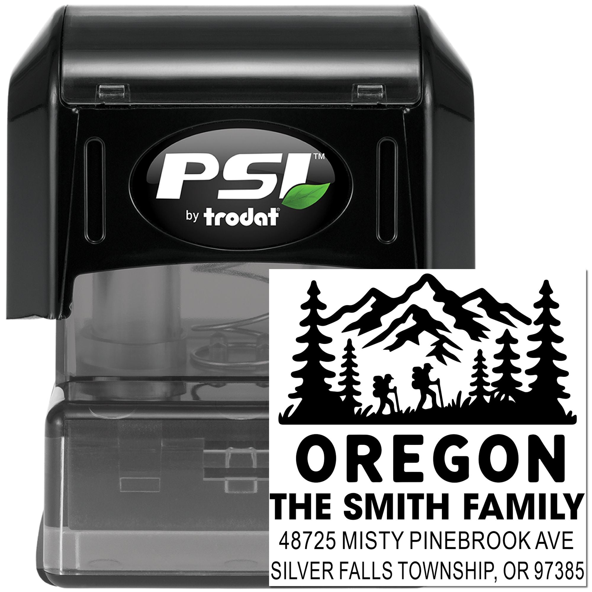 Custom self-inking rubber stamp by PSI Trodat showing Oregon return address imprint for The Smith Family