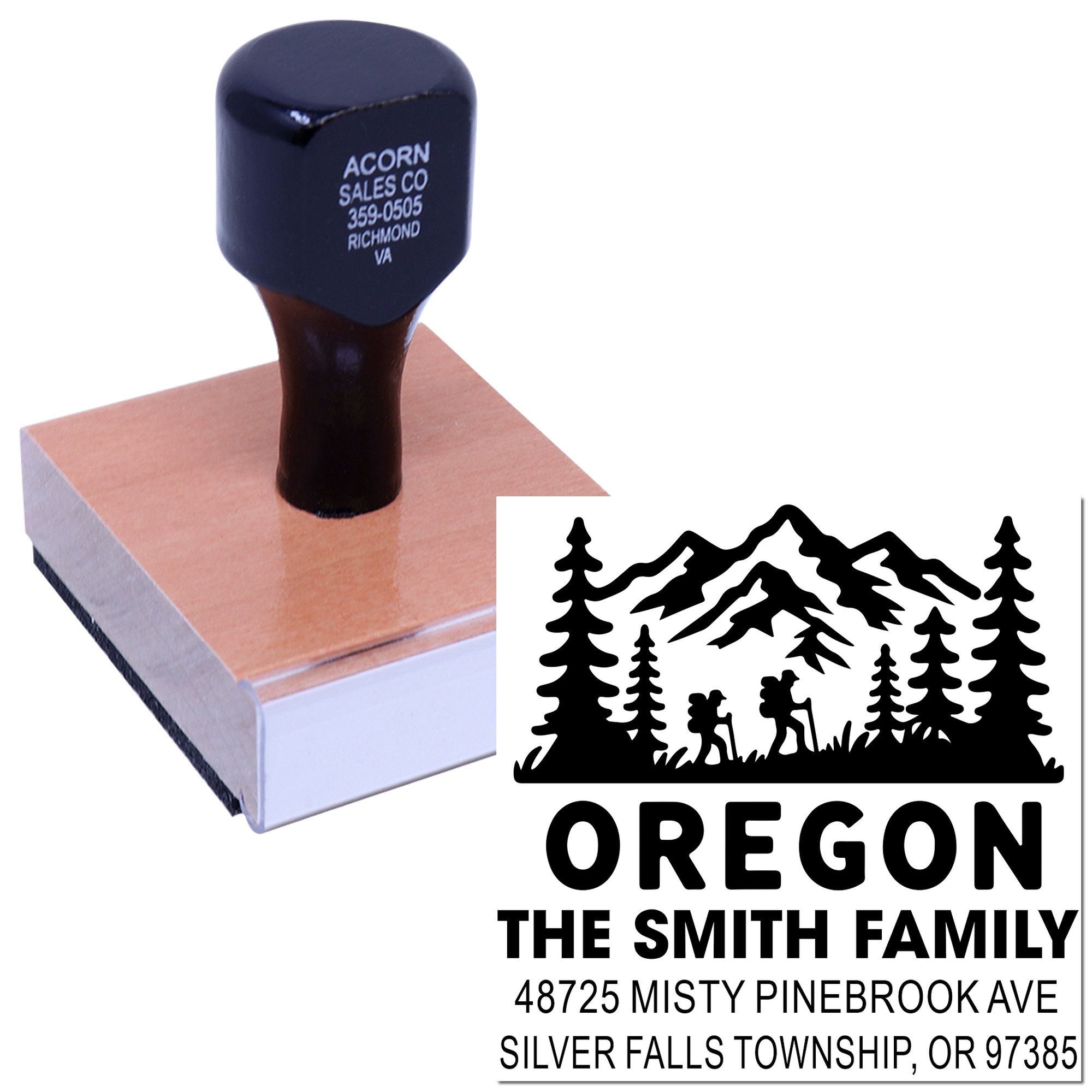Custom Oregon return address rubber stamp with mountain hikers and pine trees for personalized mail.