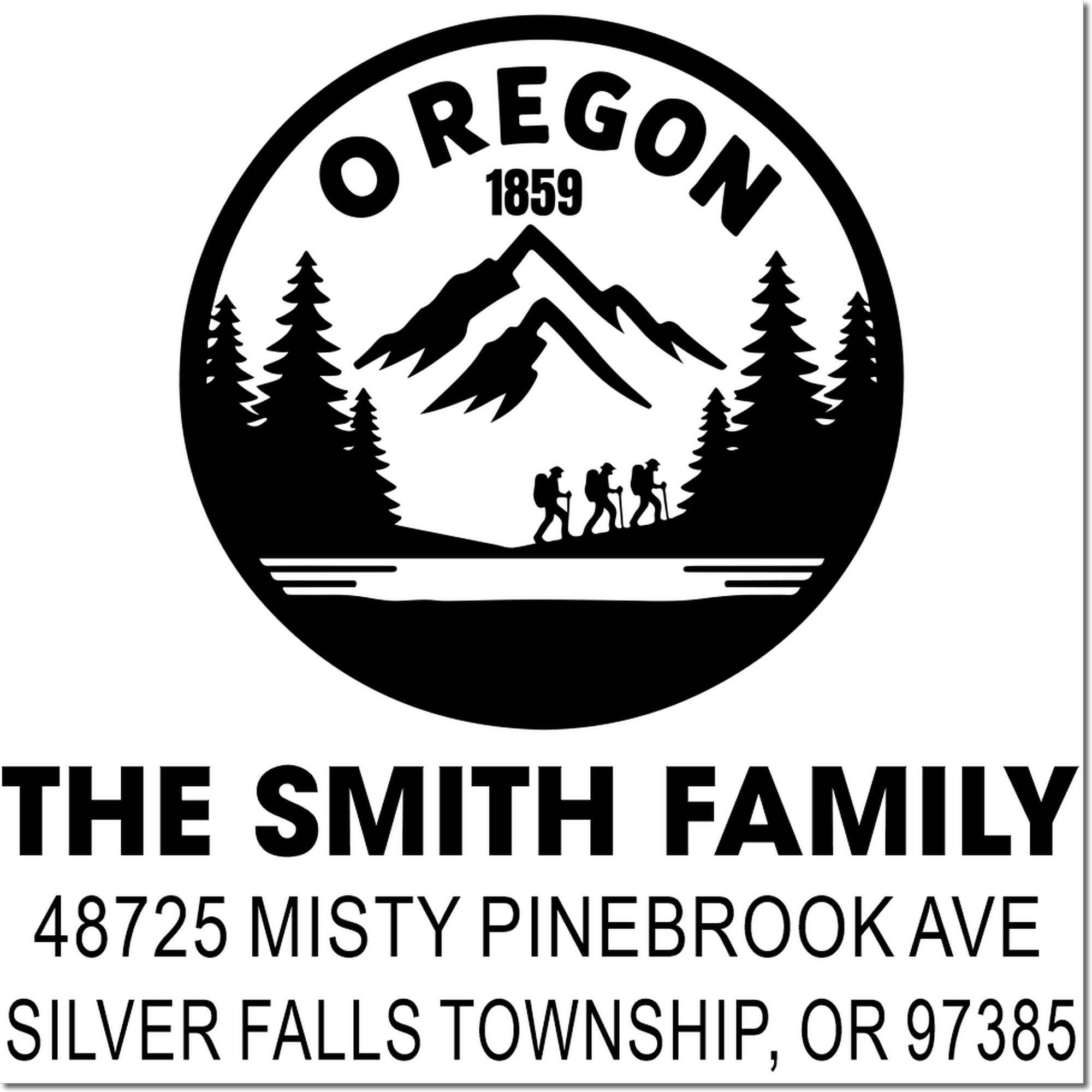Custom Smith Family address rubber stamp with Oregon mountain hiking logo and Silver Falls Township return address