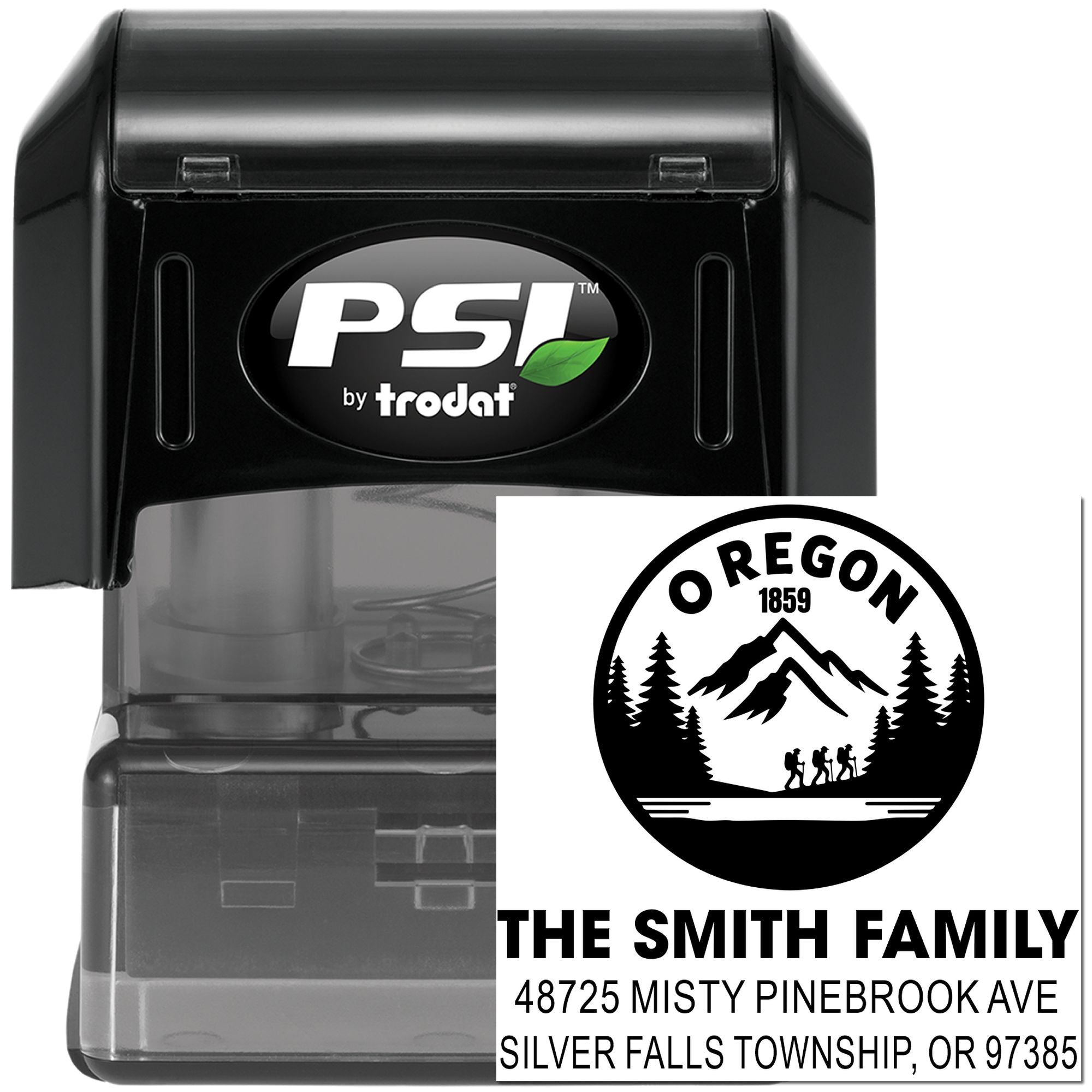 PSI by Trodat self-inking rubber stamp with custom Oregon family return address design for personalized mailing labels.