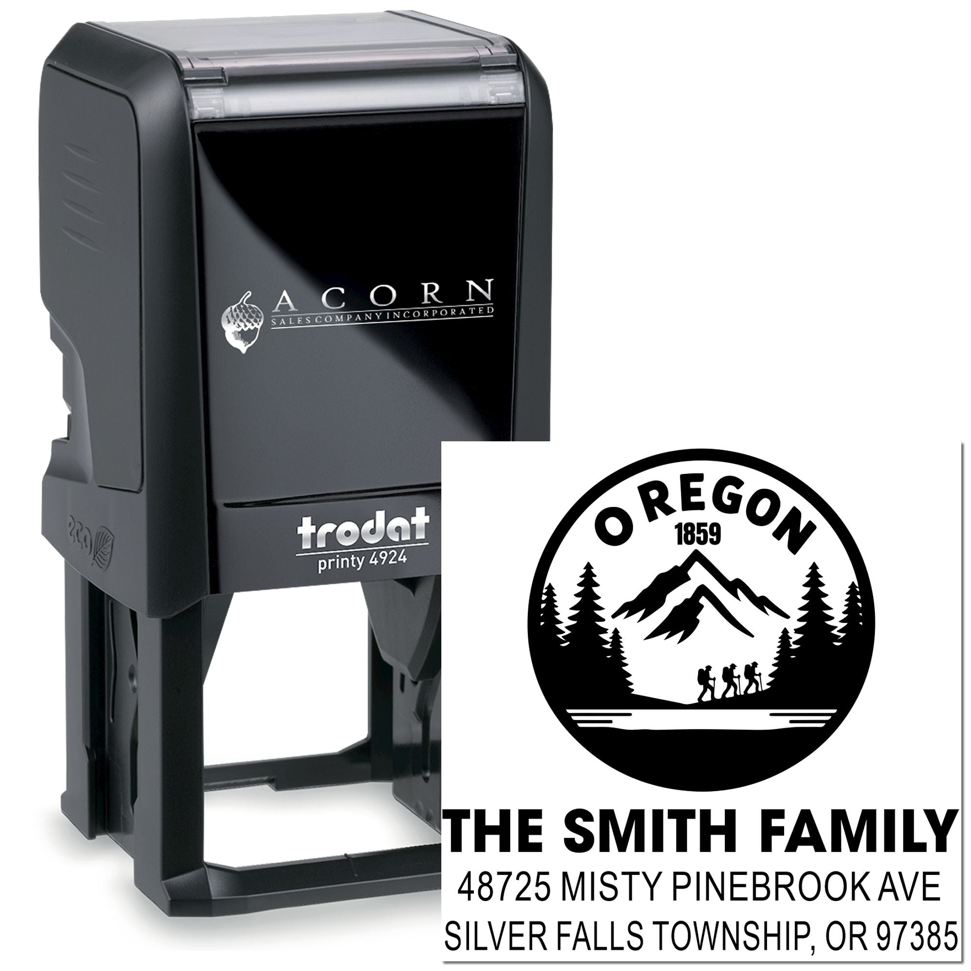 Custom self-inking rubber stamp with Oregon family logo and return address for personalized mailings.