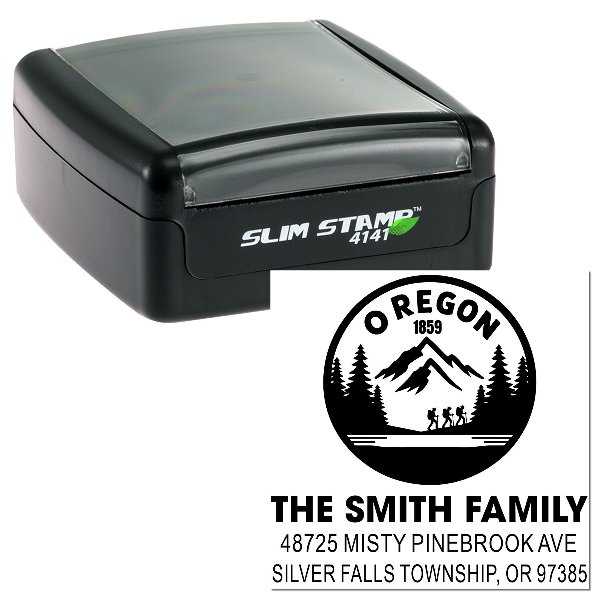 Custom Slim Stamp 4141 with Oregon family return address, hiking logo, and personalized rubber stamp design.