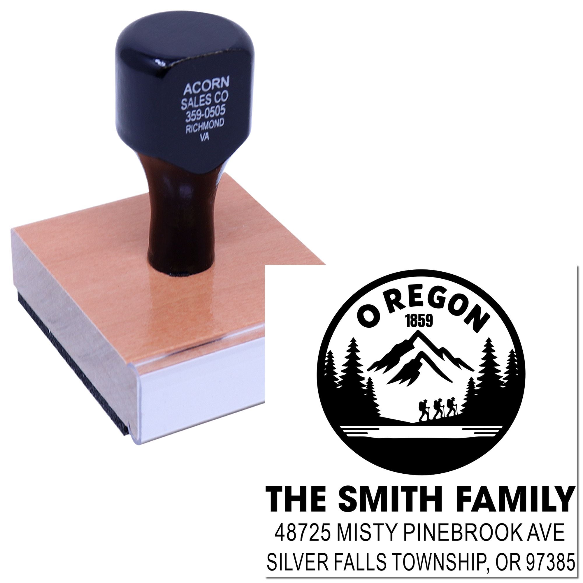 Personalized rubber address stamp with Oregon family logo, shown on a wood-mounted stamp block.