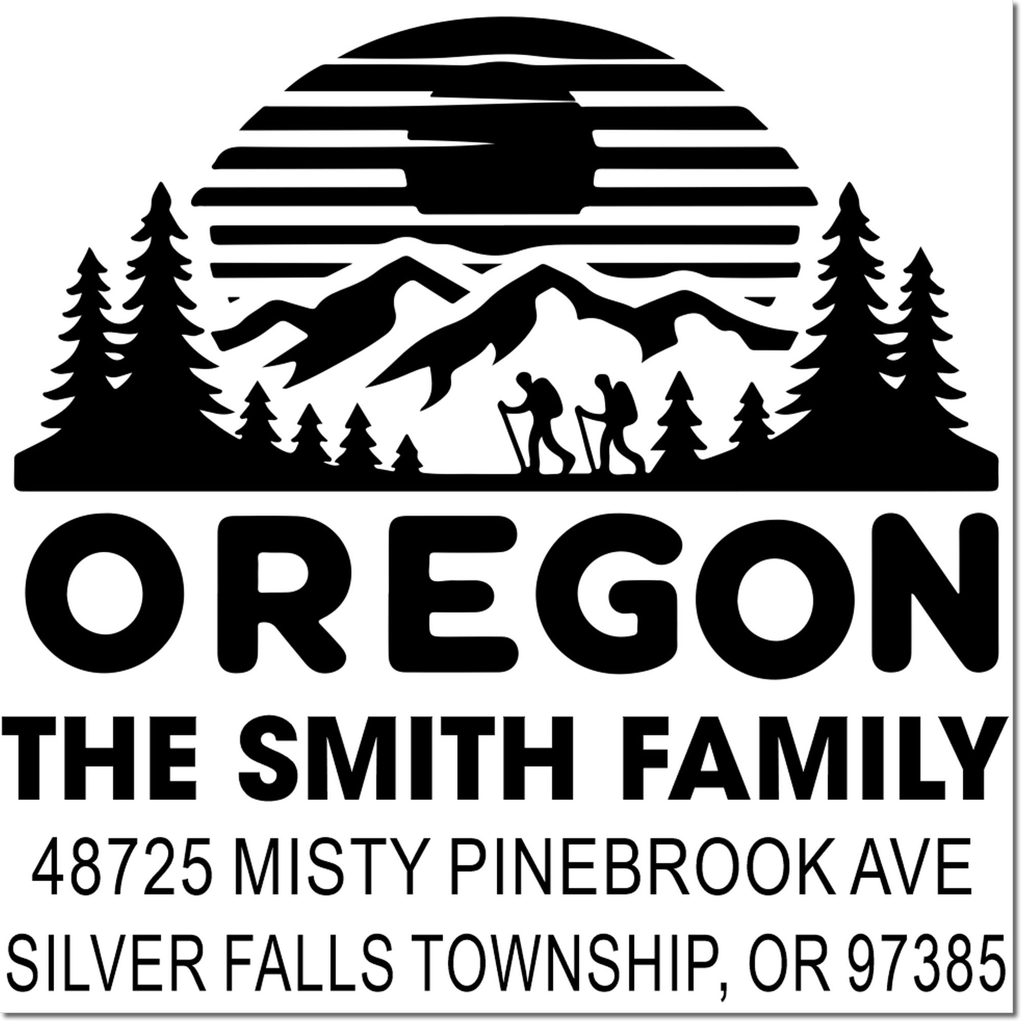 Custom Oregon return address rubber stamp for The Smith Family, with mountain hiking scene and Silver Falls Township address.