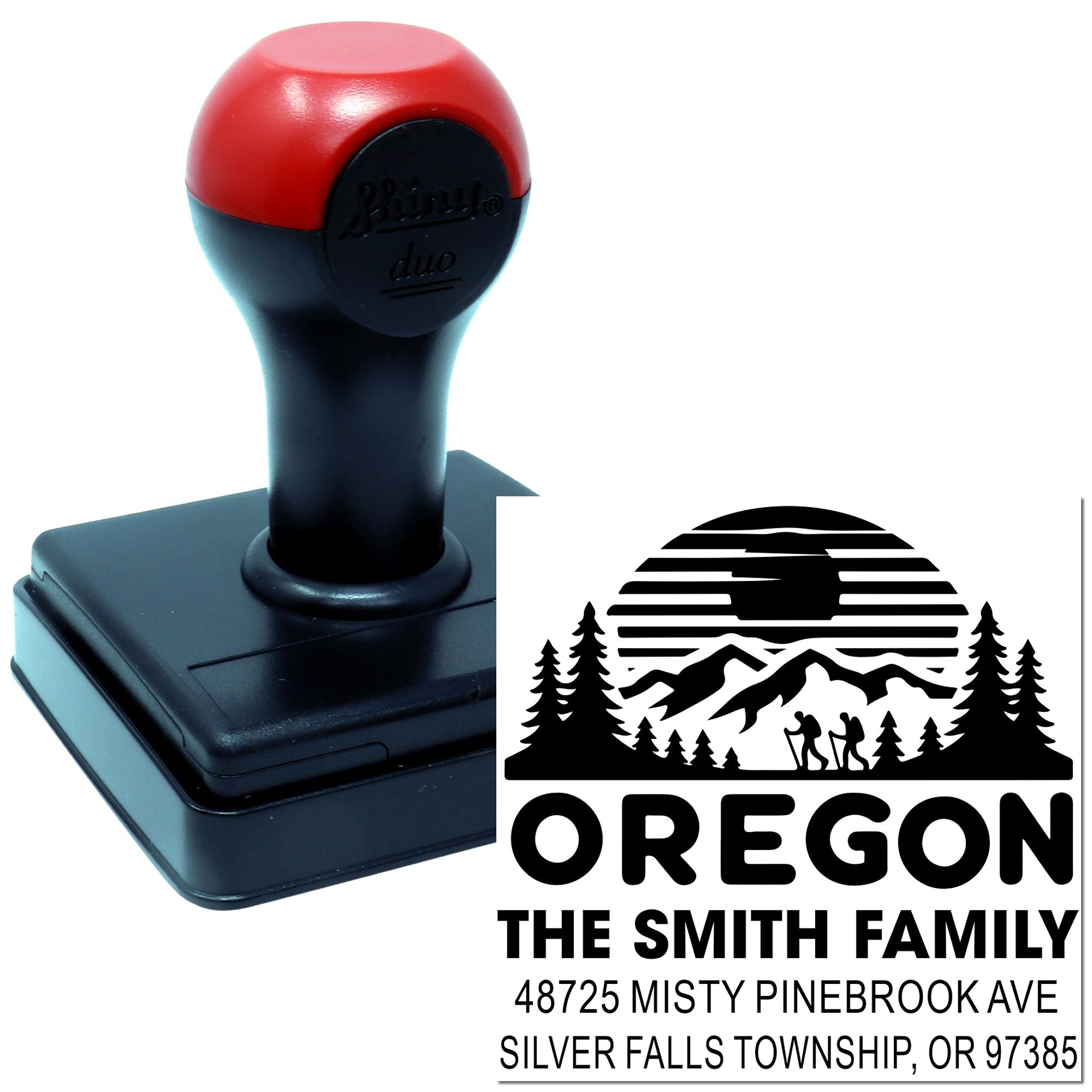 Custom Oregon self-inking address rubber stamp for The Smith Family with mountain hiking logo and return address.