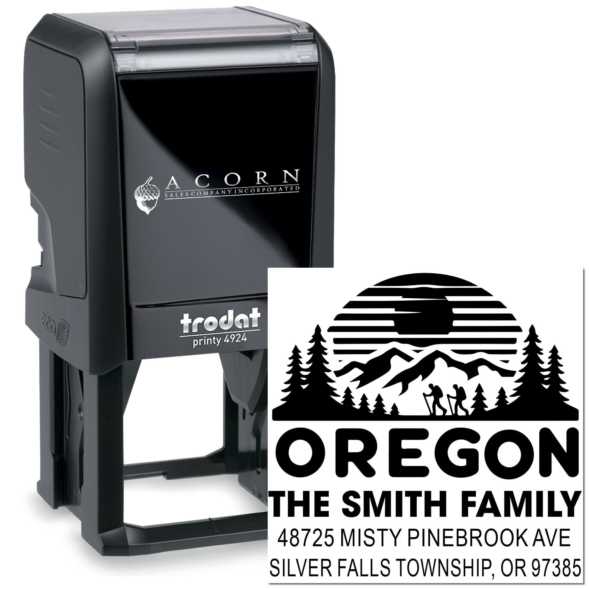 Personalized Oregon self-inking return address rubber stamp with mountain logo for family mail and envelopes