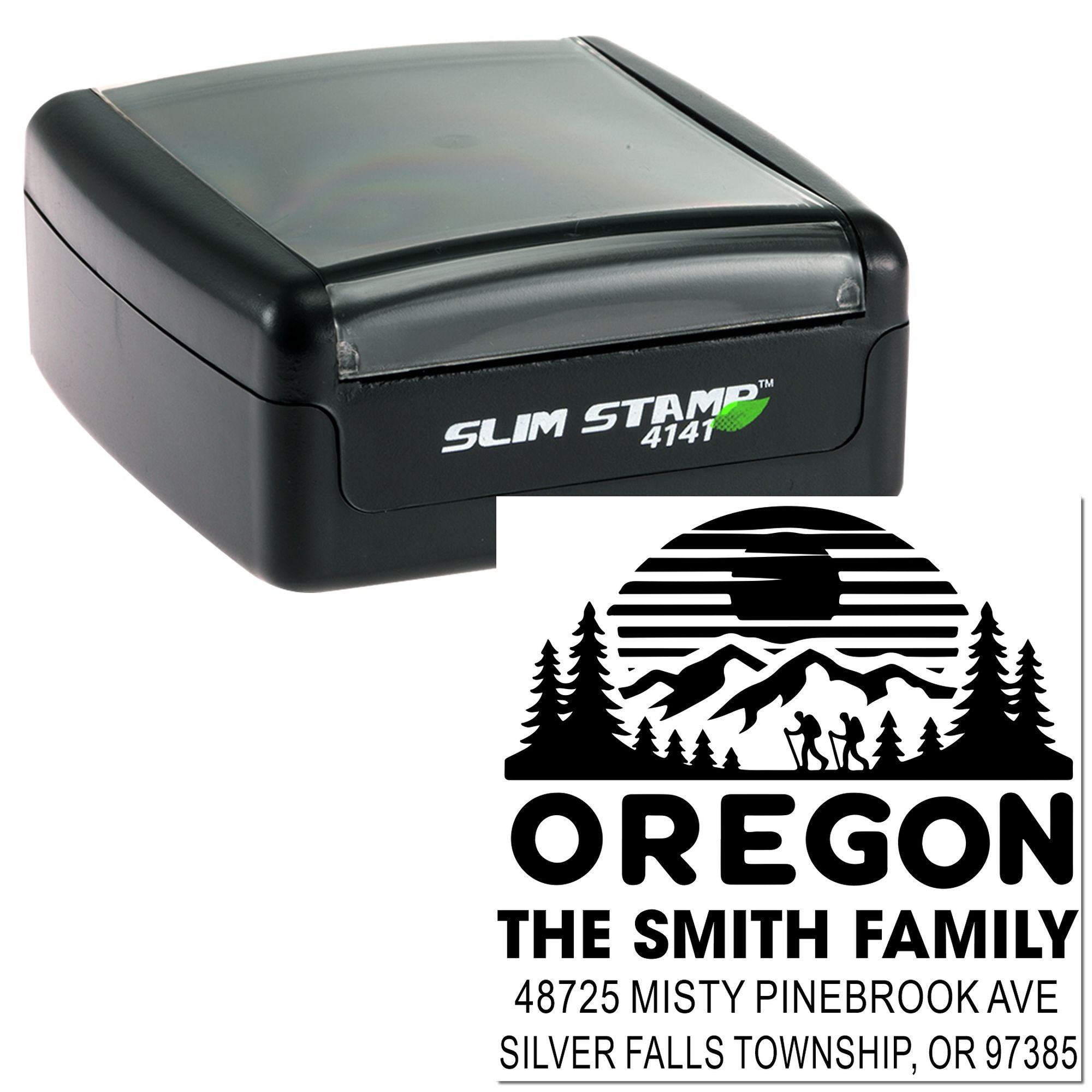 Custom Oregon return address rubber stamp with mountain hiking design, self-inking Slim Stamp 4141 for The Smith Family