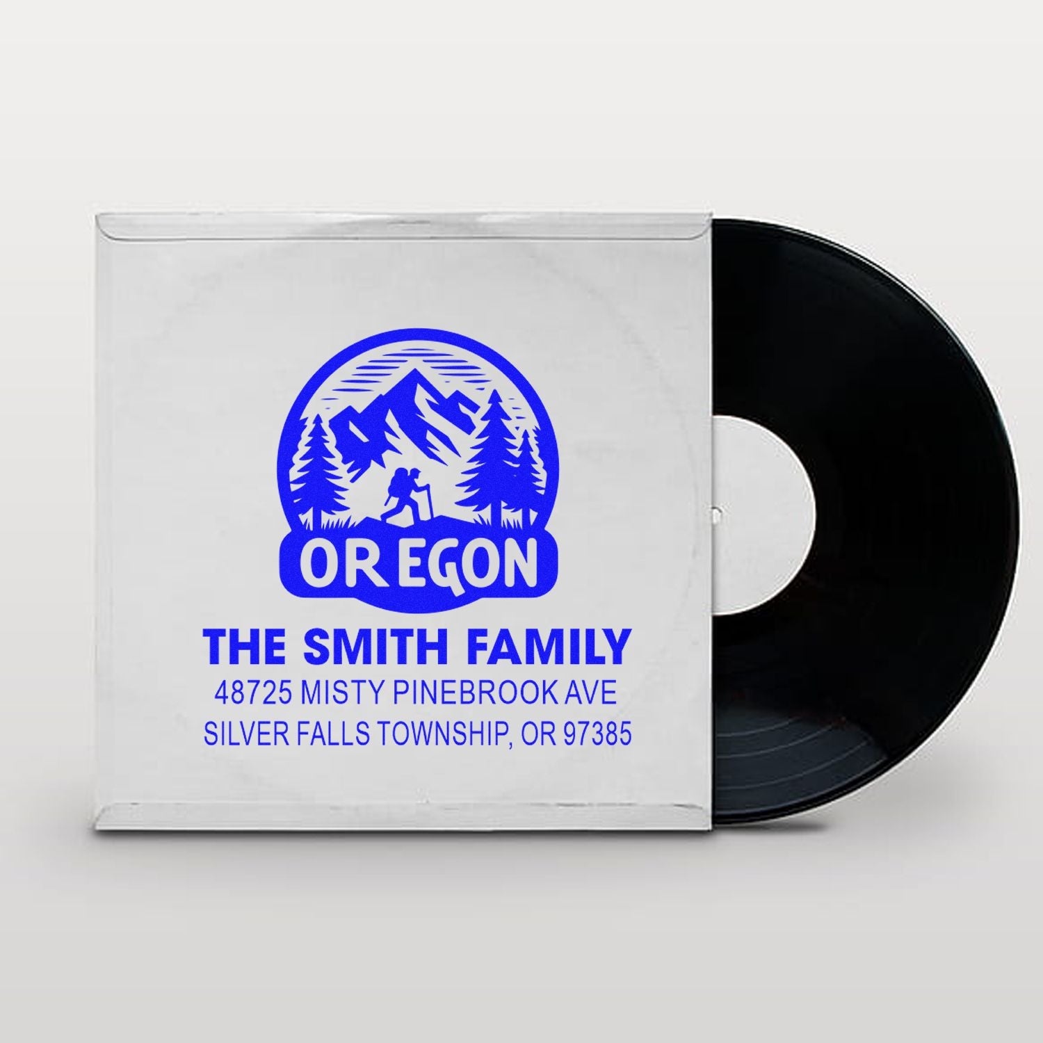 Custom Oregon family address rubber stamp with mountain hiking logo for personalized return mailing labels