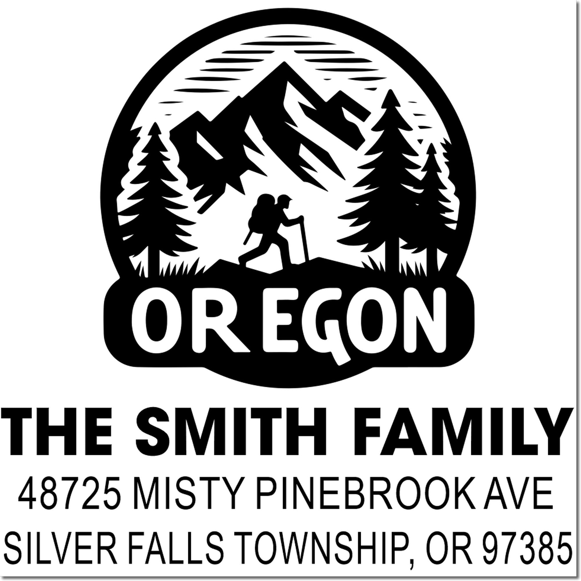 Personalized Oregon hiking family return address rubber stamp for The Smith Family, Silver Falls Township, OR.