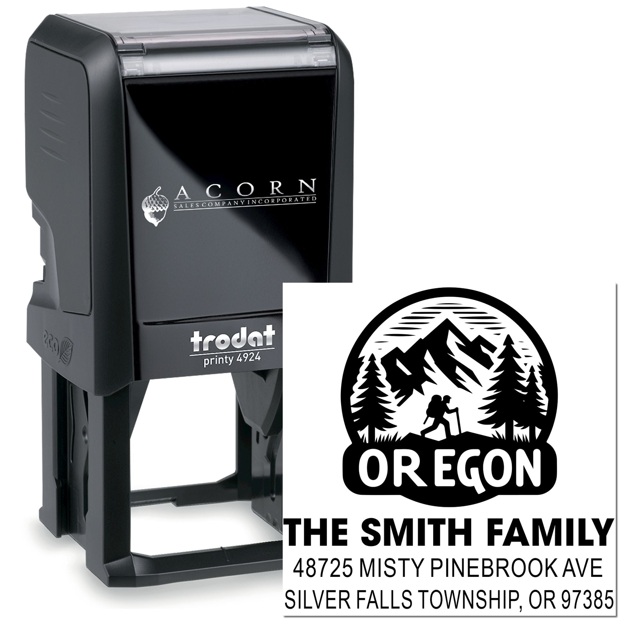 Custom self-inking rubber address stamp with Oregon family design, Trodat Printy 4924, for personalized mailing.