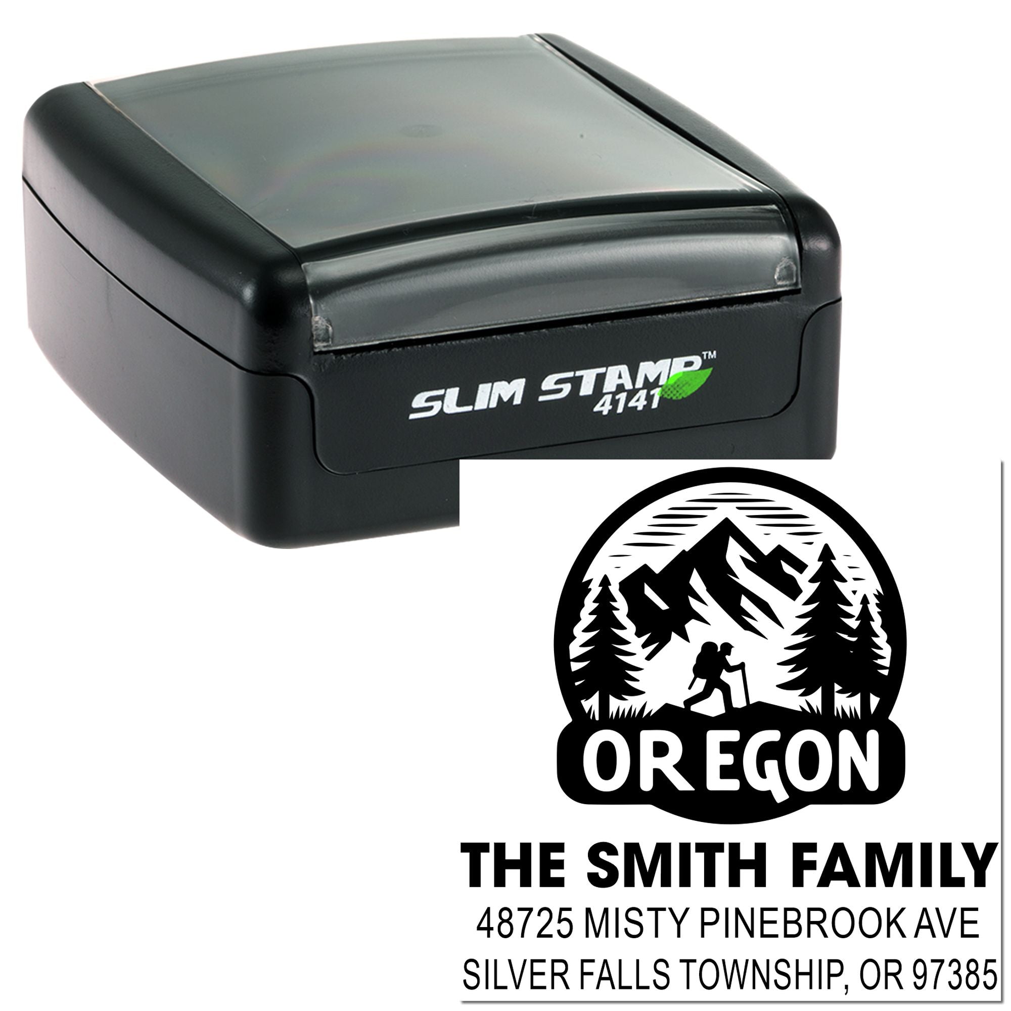 Custom slim rubber stamp for Oregon family address, featuring mountain hiking logo and personalized return address imprint.