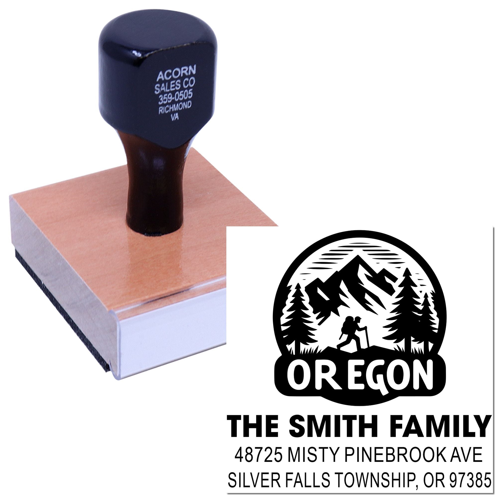 Custom family return address rubber stamp with Oregon hiking logo, ideal for personalized mail and business branding.